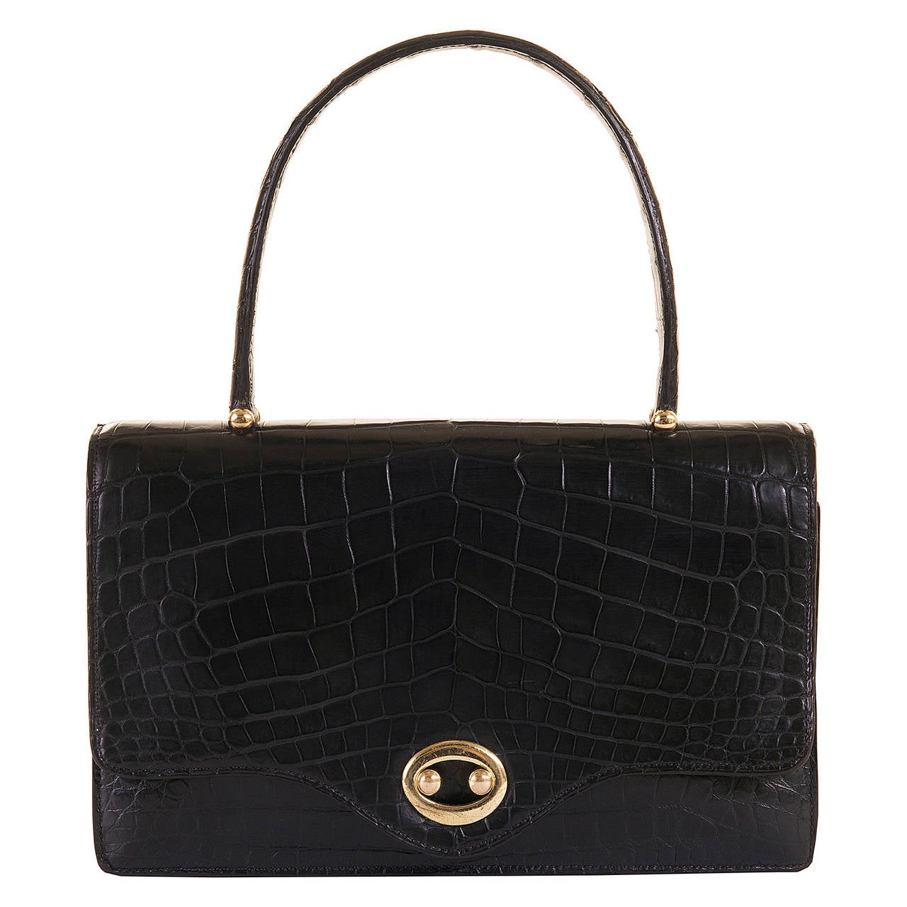 A very Rare & Elegant Hermes 'Sac Boutonniere' Black Crocodile Handbag. Complemented with Gold-tone hardware, the Handbag was made in circa 1970 and is in excellent, much-loved condition, inside and out, with the inside finished in matching Black