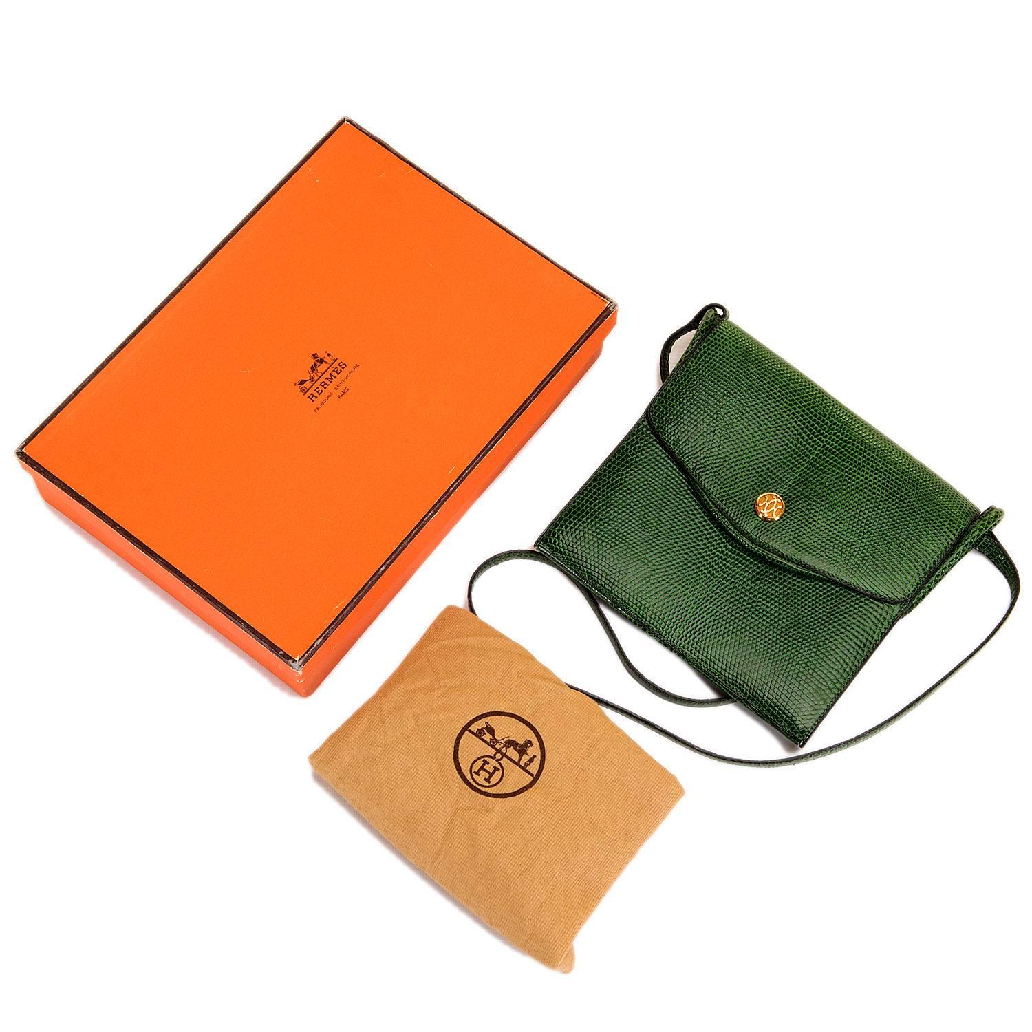 VERY RARE Hermes Vintage Green Lizard Shoulder Bag with 'Bronze Dore' Clasp 2
