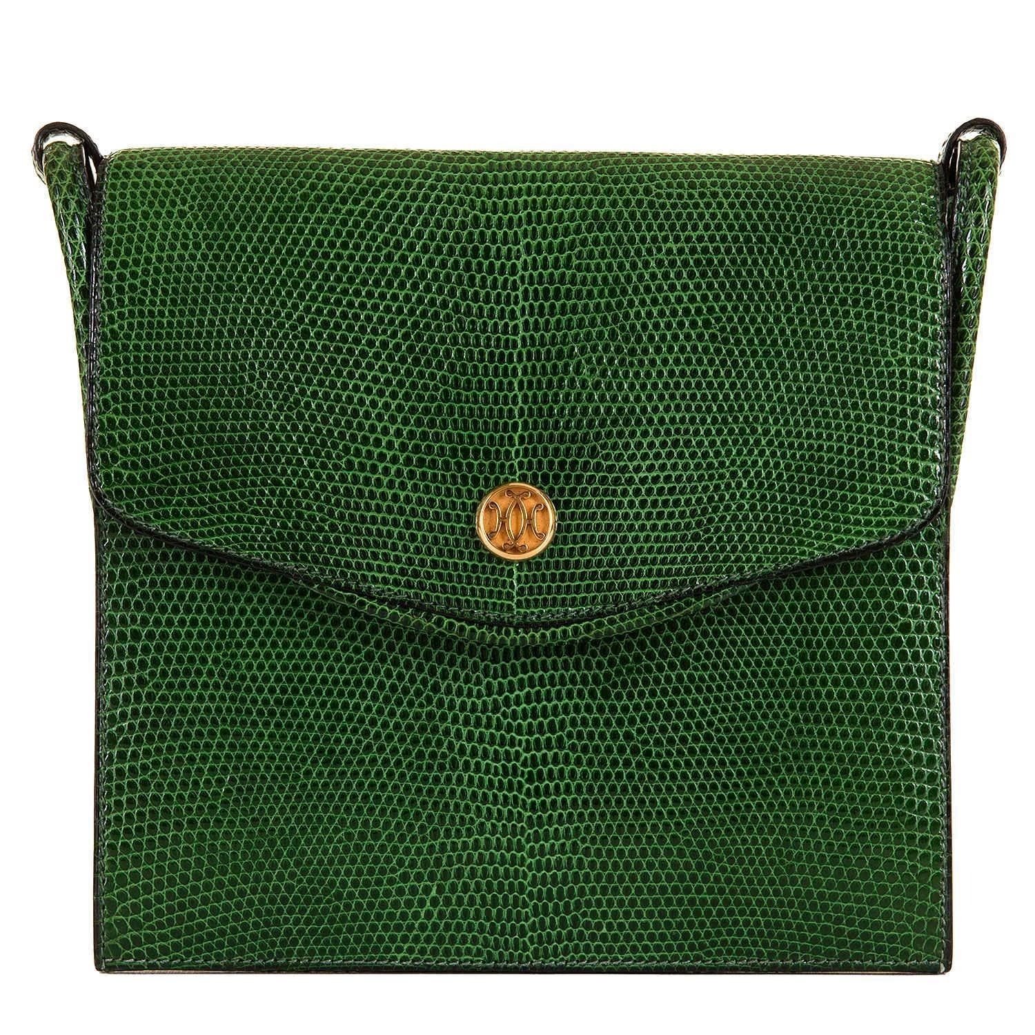 Black VERY RARE Hermes Vintage Green Lizard Shoulder Bag with 'Bronze Dore' Clasp
