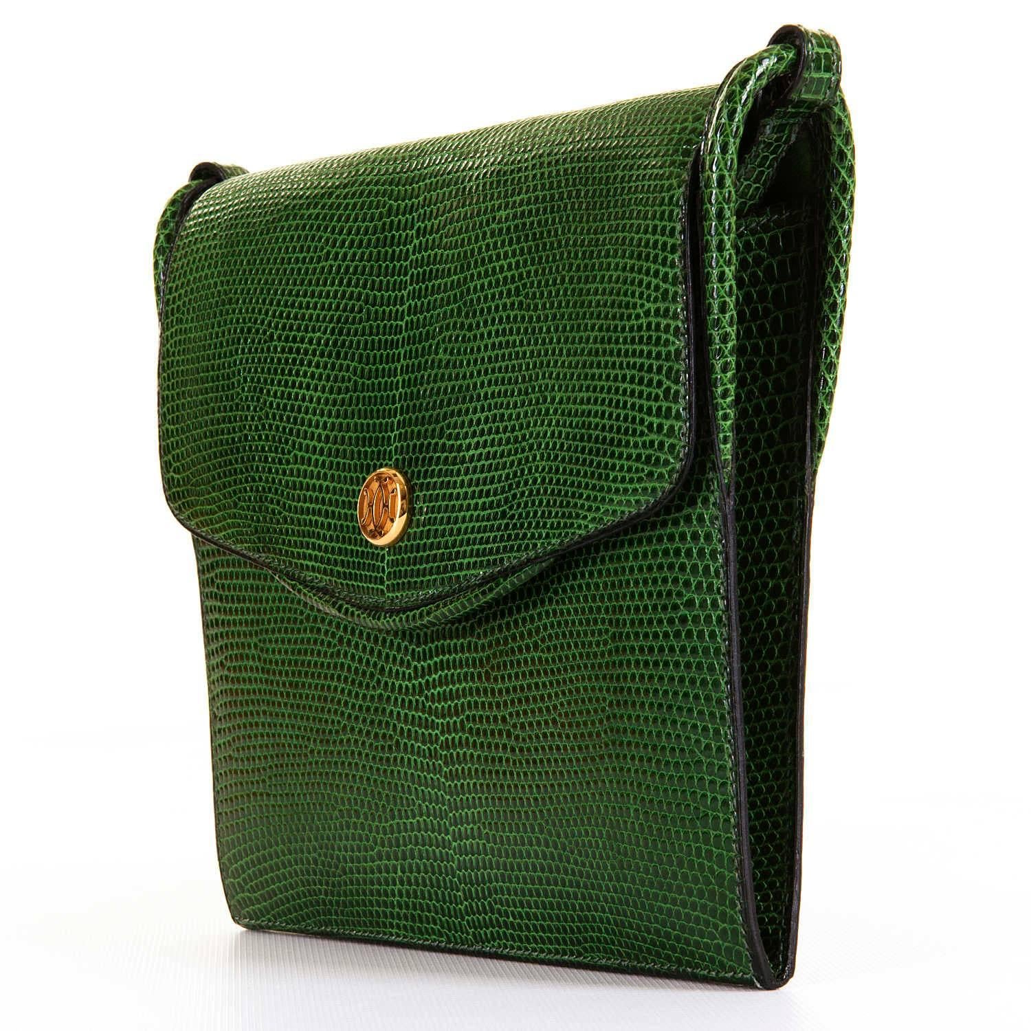 VERY RARE Hermes Vintage Green Lizard Shoulder Bag with 'Bronze Dore' Clasp In New Condition In By Appointment Only, GB