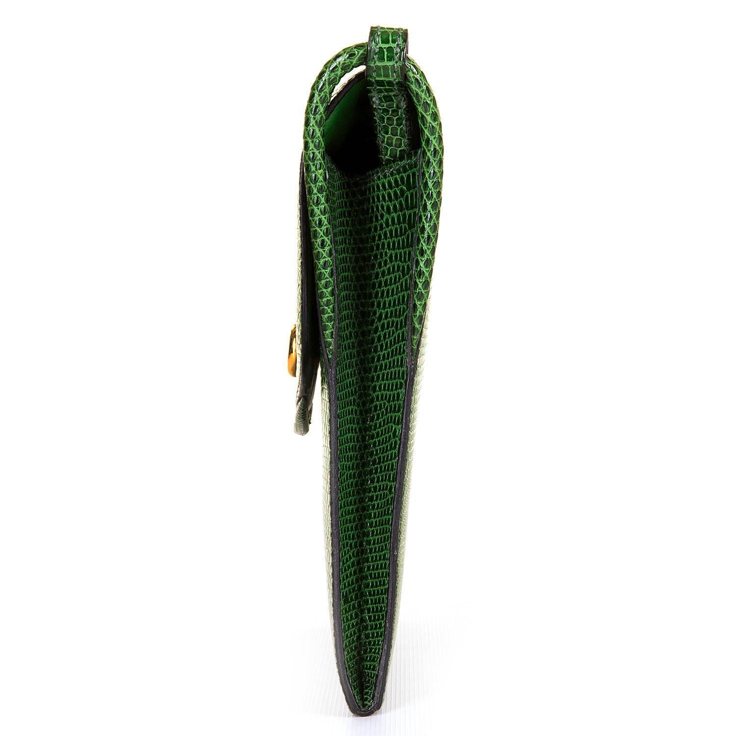 VERY RARE Hermes Vintage Green Lizard Shoulder Bag with 'Bronze Dore' Clasp 1