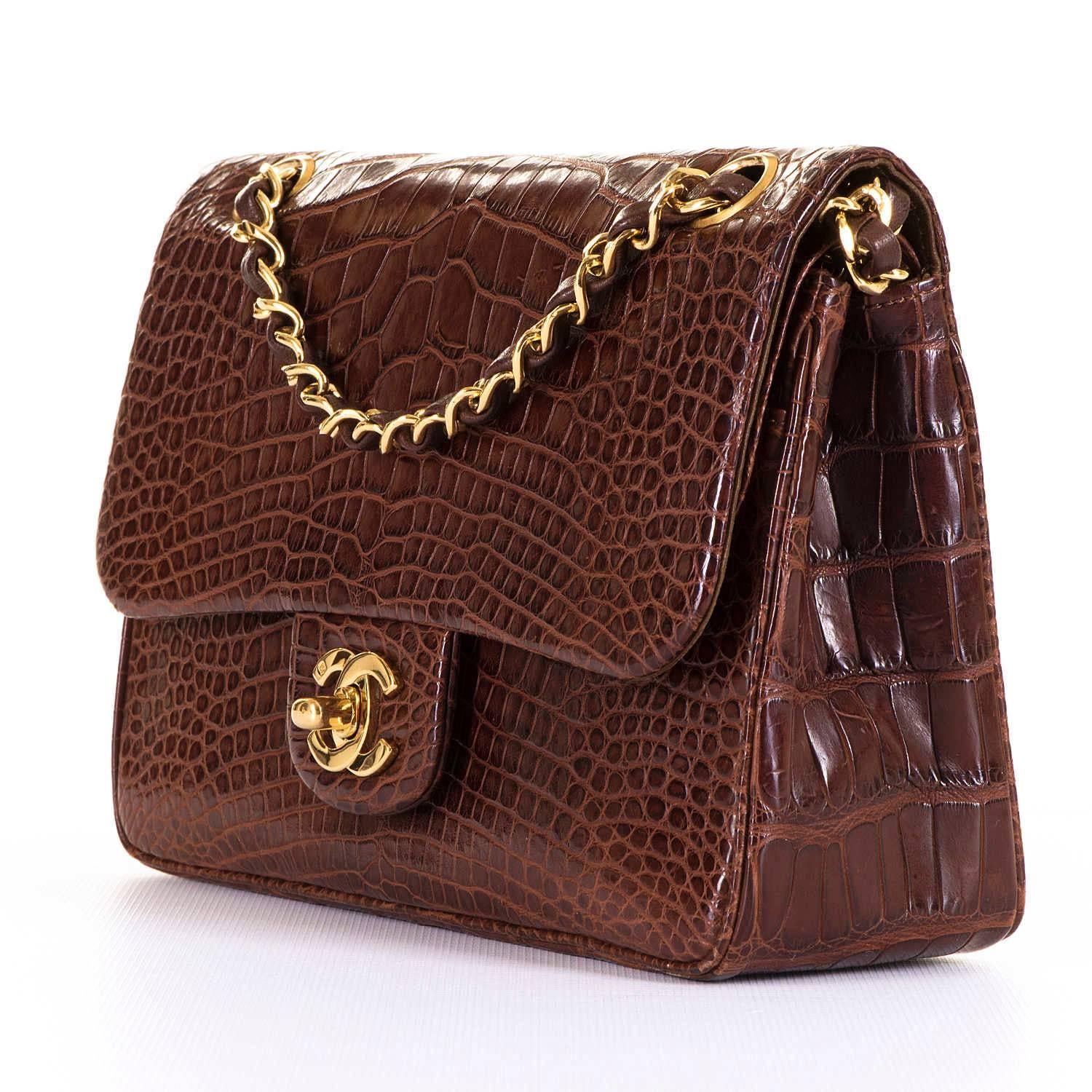 Black WOW! Chanel 23cm Double Flap 'Sac Timeless' in Cognac Crocodile & Gold Hardware