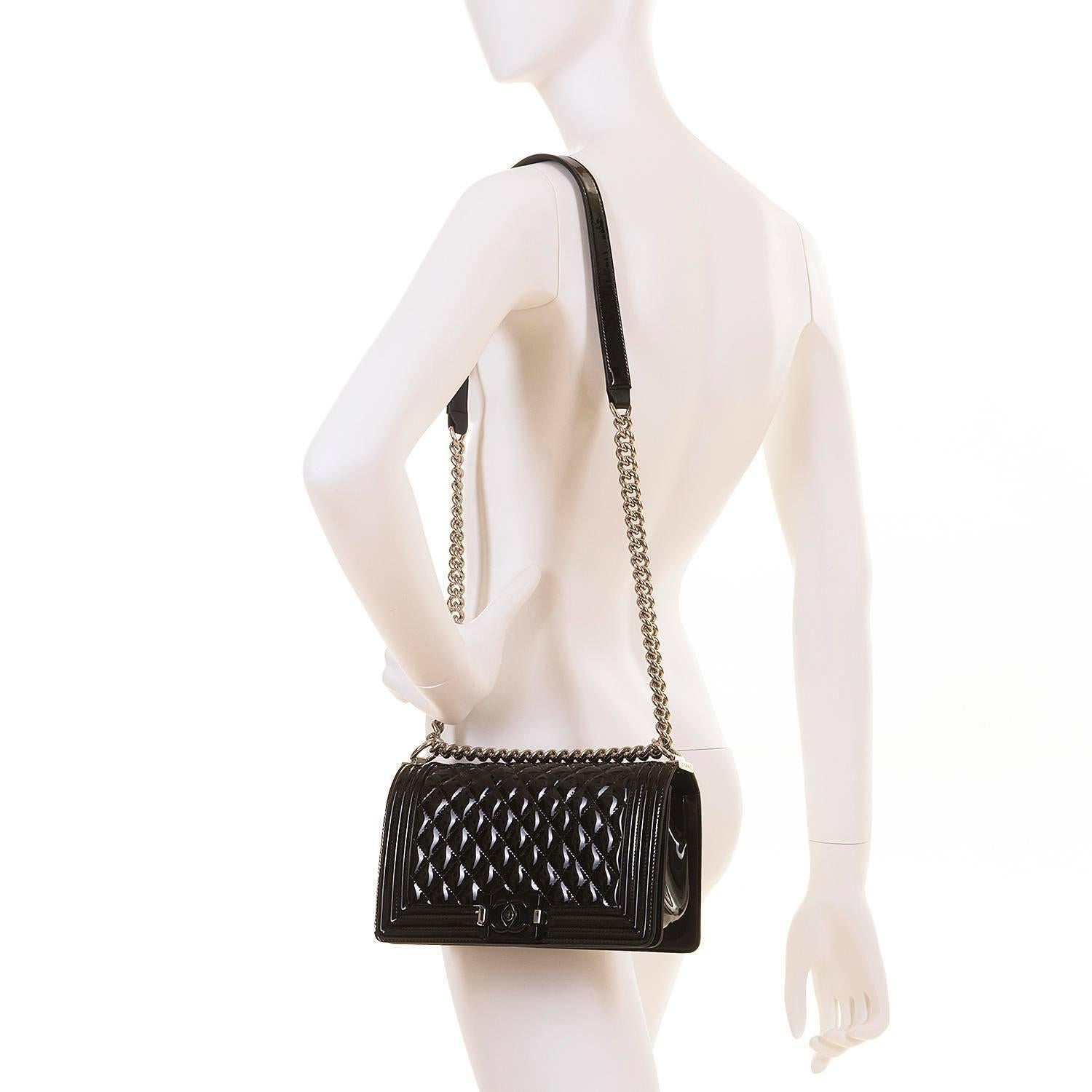 Women's New & Unused Chanel 25cm Medium Black Patent 'Boy' Bag with Silver Hardware