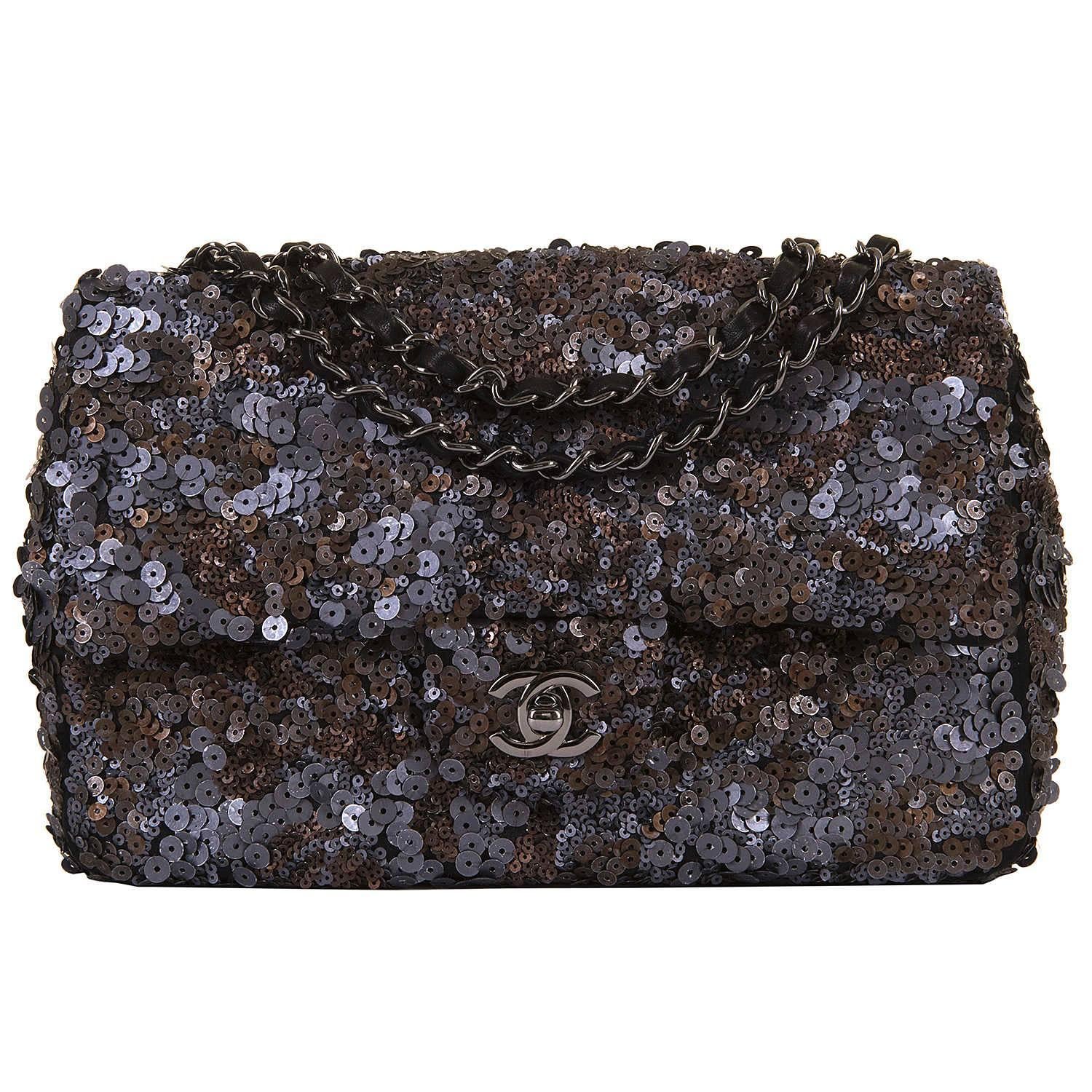 This 'Runway' Bag by Chanel, is just exceptional. In Store-Fresh condition this UNIQUE medium flap bag has been hand-embroidered with muli-coloured grey/brown/silver/black sequins with grey/ silver tone Hardware to match, on a Black Lambskin base