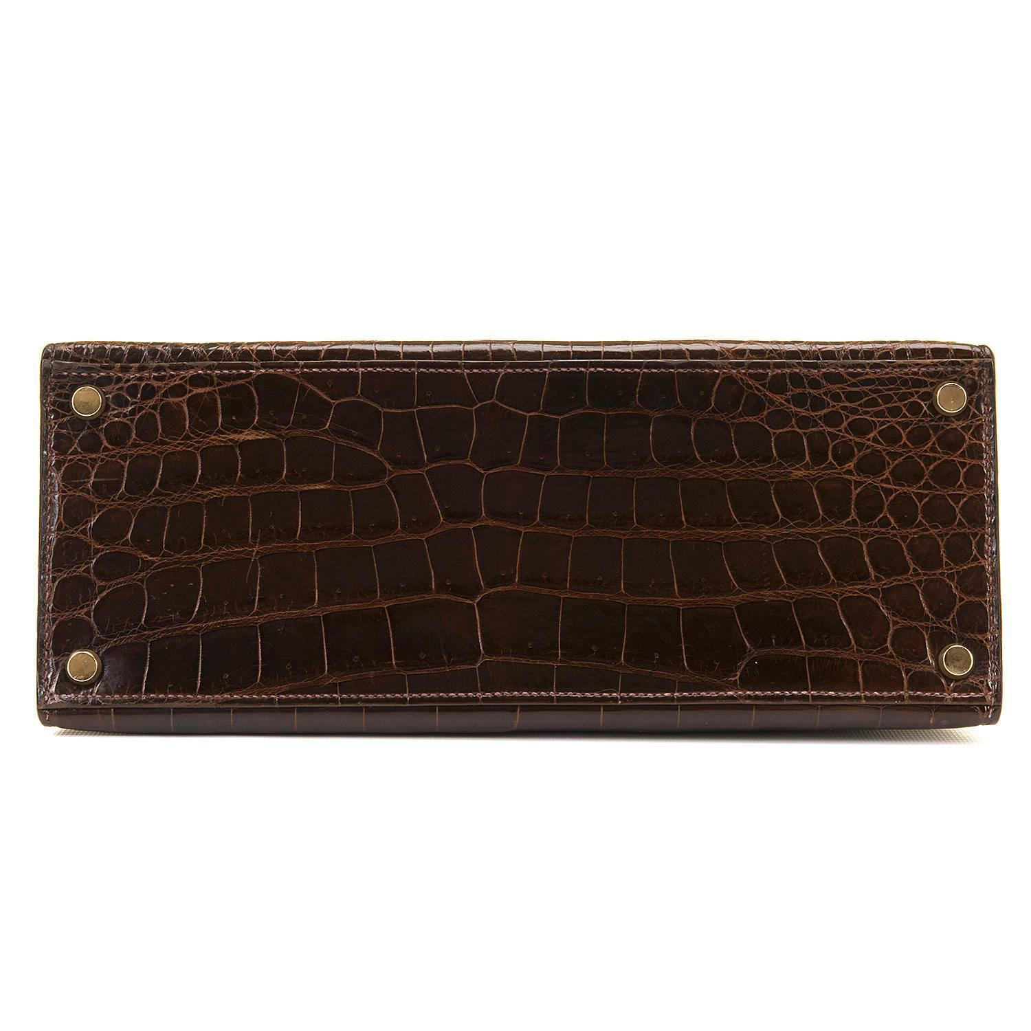 Black PRISTINE Hermes Vintage 'Chocolat' Crocodile Kelly Bag with Goldtone Hardware