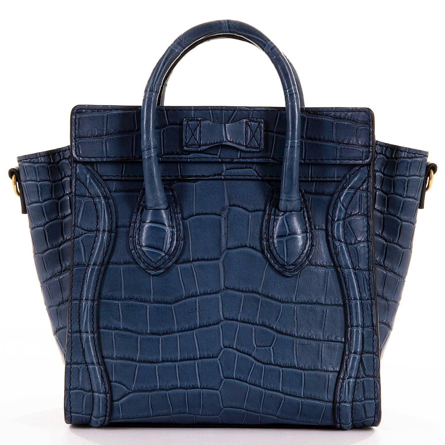 WOW ! This is a rare Bag. A New,  top of the range Celine, 'Nanos' Prussian- Blue, Crocodile Handbag with Goldtone Hardware. Fitted with a matching detachable shoulder strap, the bag can be worn in hand or on the shoulder. This 2015 Bag is brand new