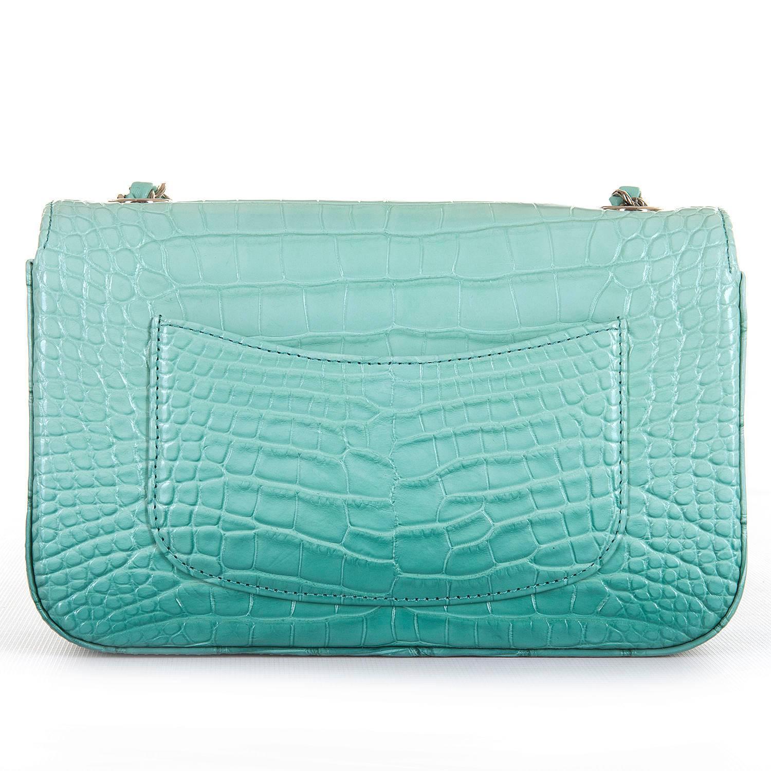 Blue NEW MINI Chanel Turquoise Alligator 'Sac Timeless' Bag with Silver Hardware