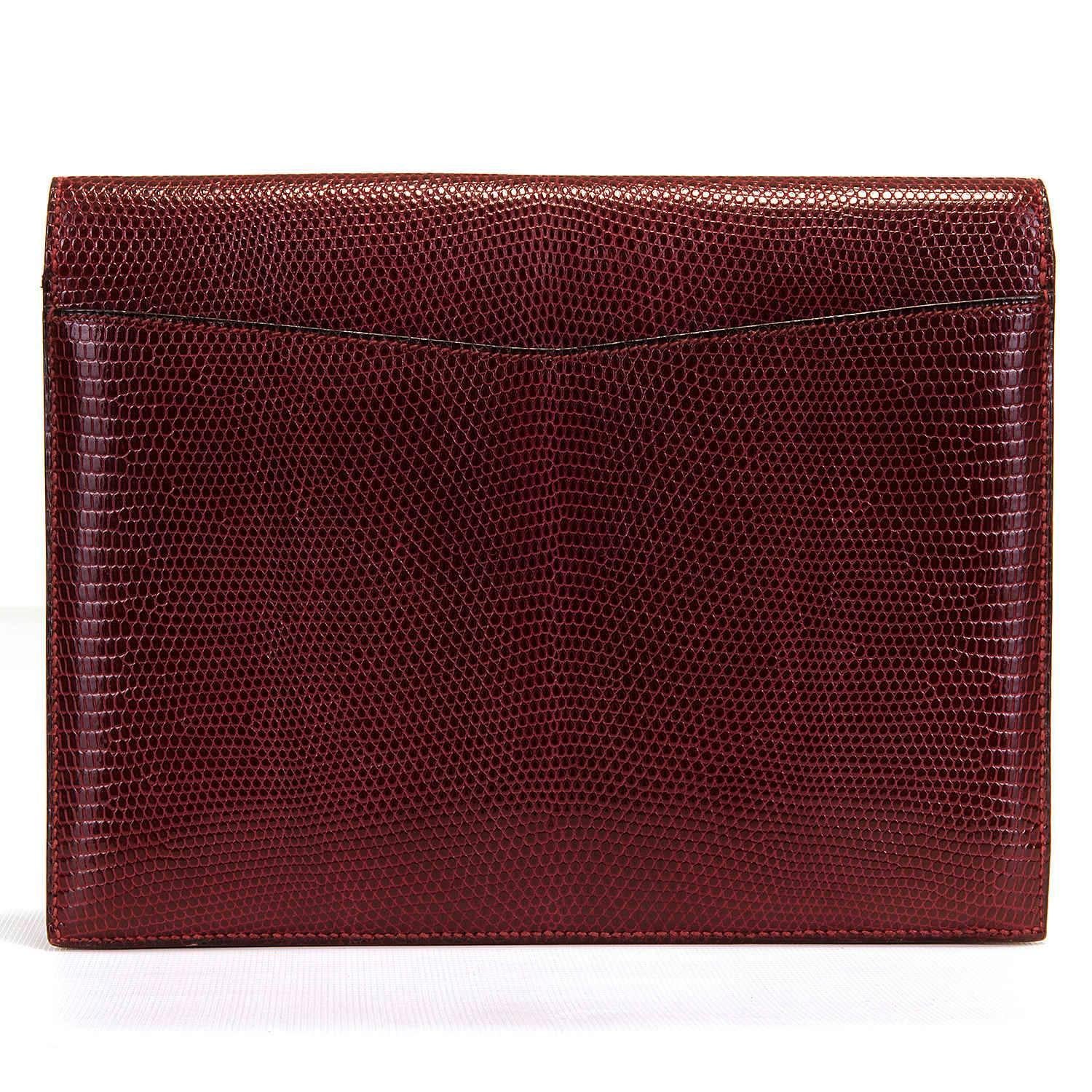Brown TRES CHIC Vintage Hermes 'Faco' Burgundy Lizard Clutch Bag in Pristine Condition