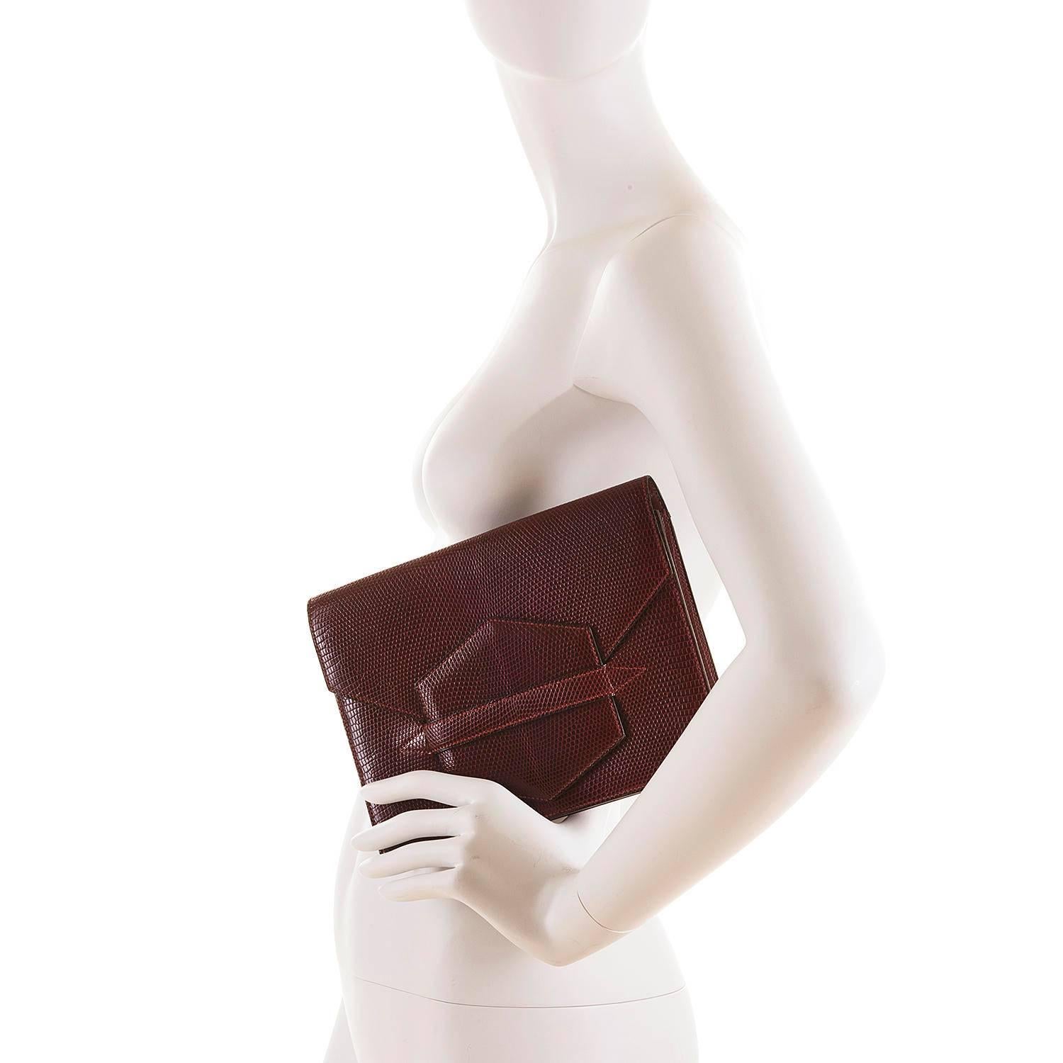TRES CHIC Vintage Hermes 'Faco' Burgundy Lizard Clutch Bag in Pristine Condition 2