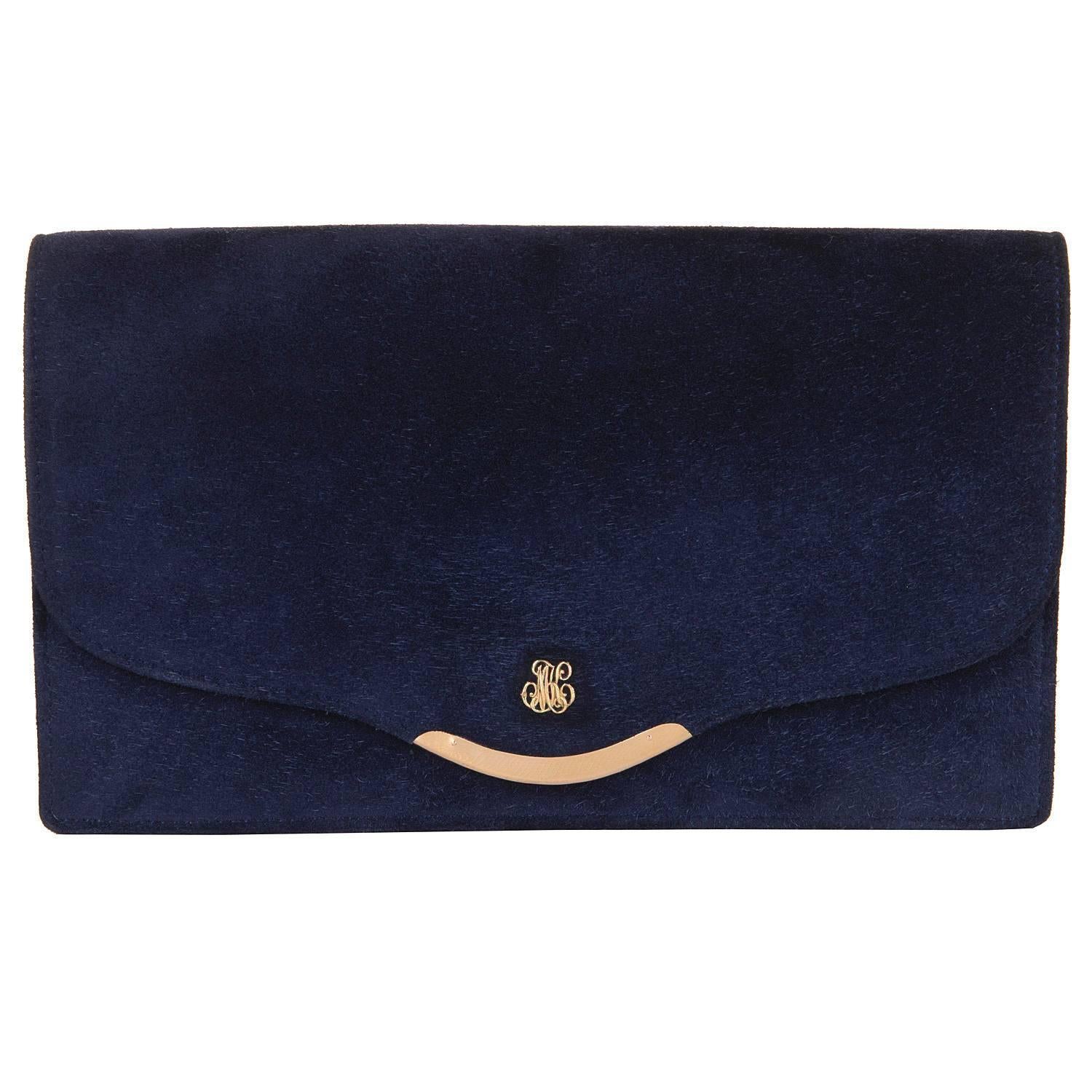 VERY RARE Vintage Hermes Royal Blue Suede Clutch Bag with18 carat Gold Hardware