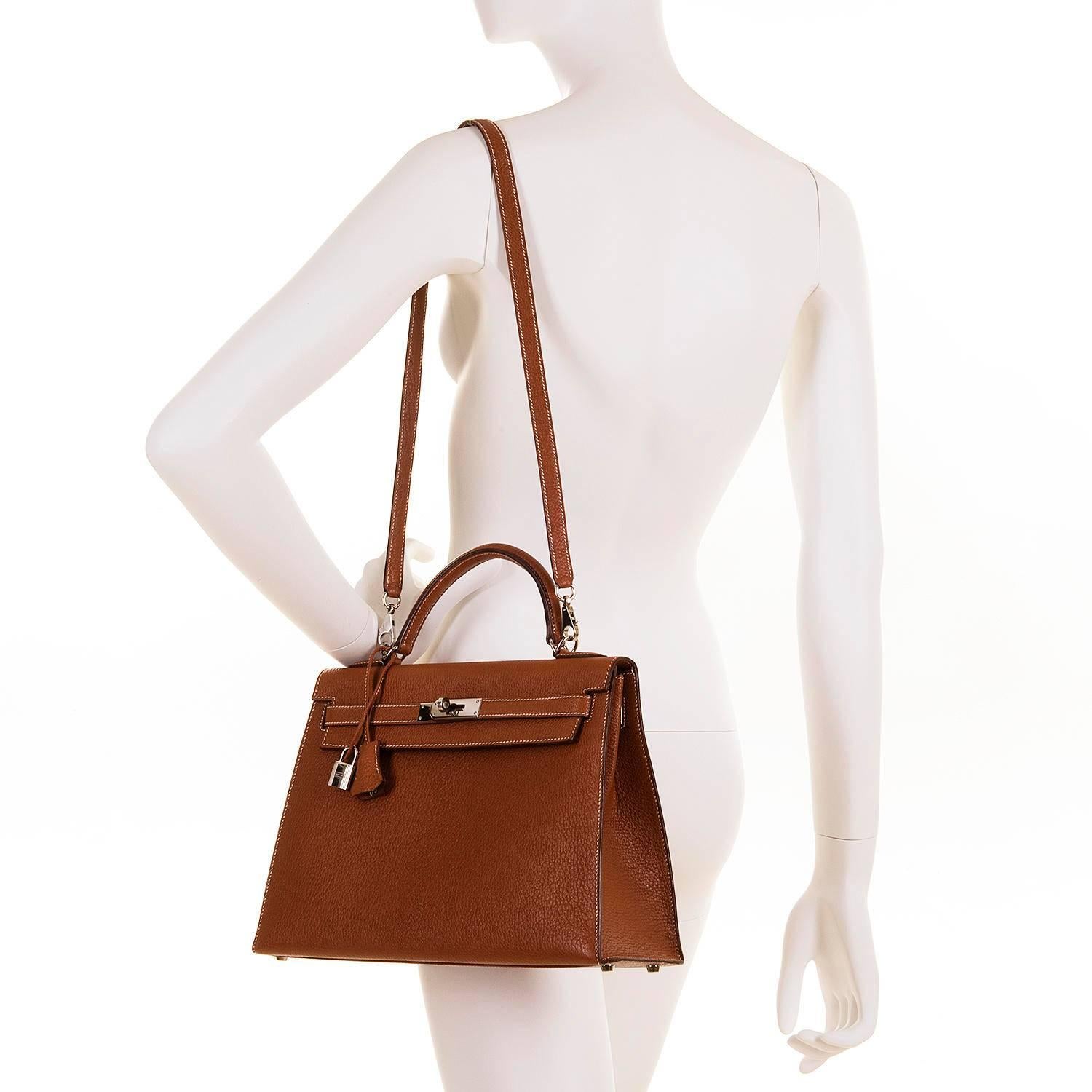 Brown As New Pristine Hermes 32cm Kelly Sellier Bag in 'Rouille' Clemence Leather SHW