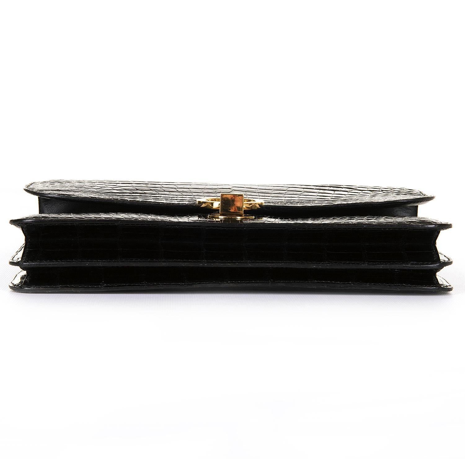 Women's Pristine Vintage Hermes 'Sac Ring' Black Porosus Crocodile Shoulder Bag 