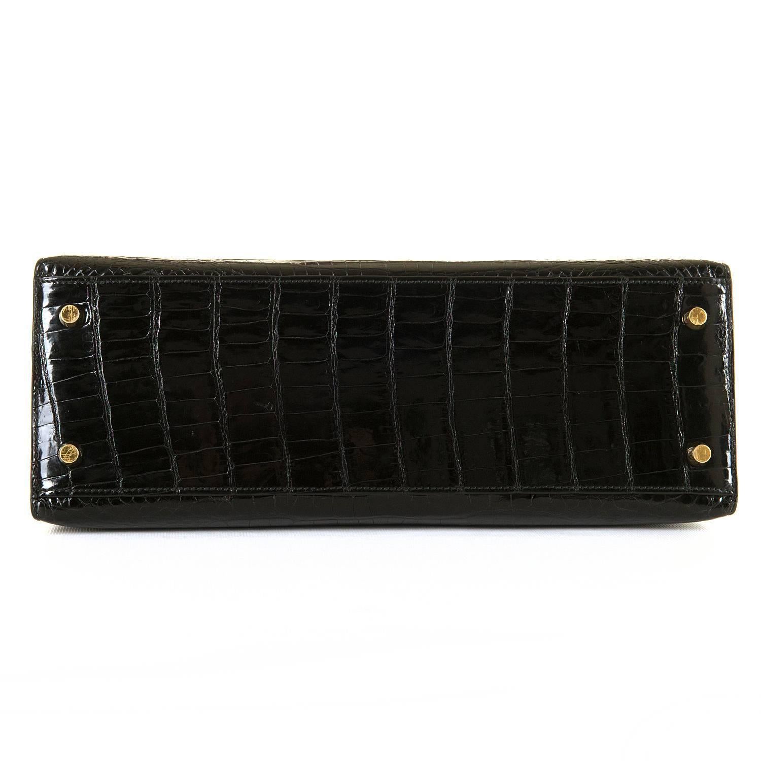 Women's AS NEW Hermes 32cm Black Porous Crocodile Kelly Bag with Gold Hardware