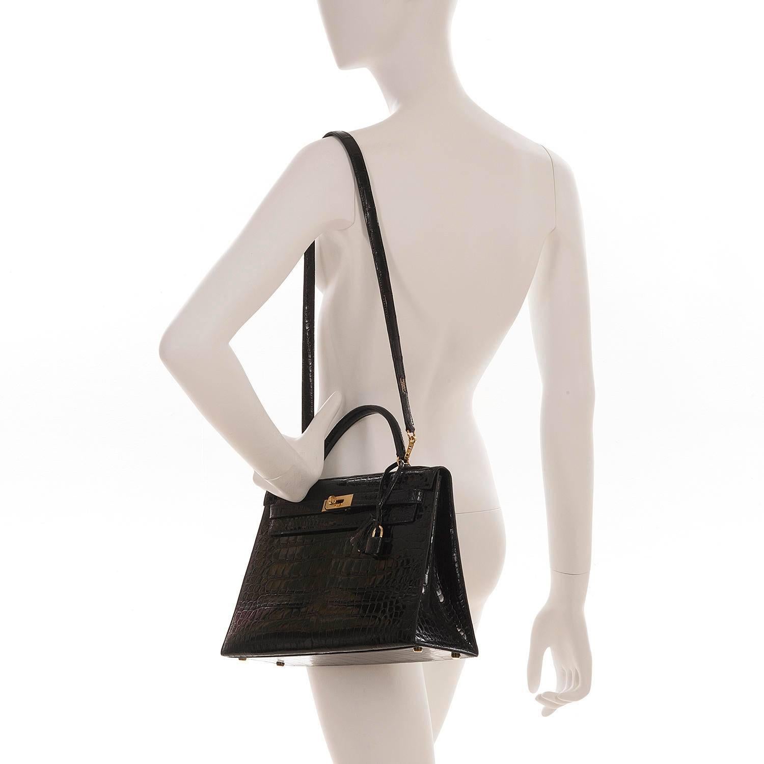 Pristine Hermes 32cm Shiny Black Crocodile Kelly Bag with Shoulder Strap and GHW 6