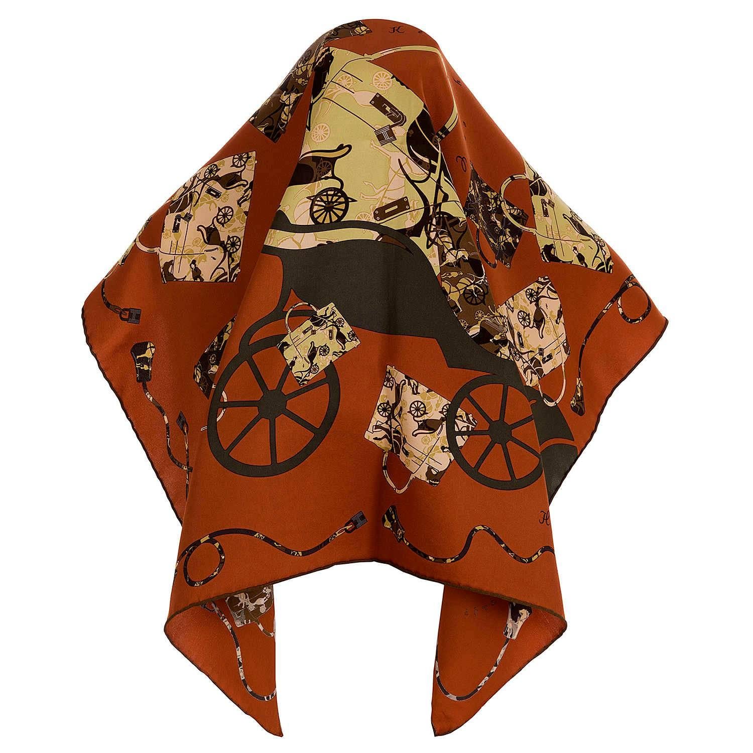 If you own an Hermes Kelly bag, then this stunning Hermes silk scarf is a must for you. 'Kelly en Caleche' designed by Cyrille Diatkine in 2007, pays homage to the legendary Kelly bag and the famous Hermes 'Horse & Carriage'. The scarf has been