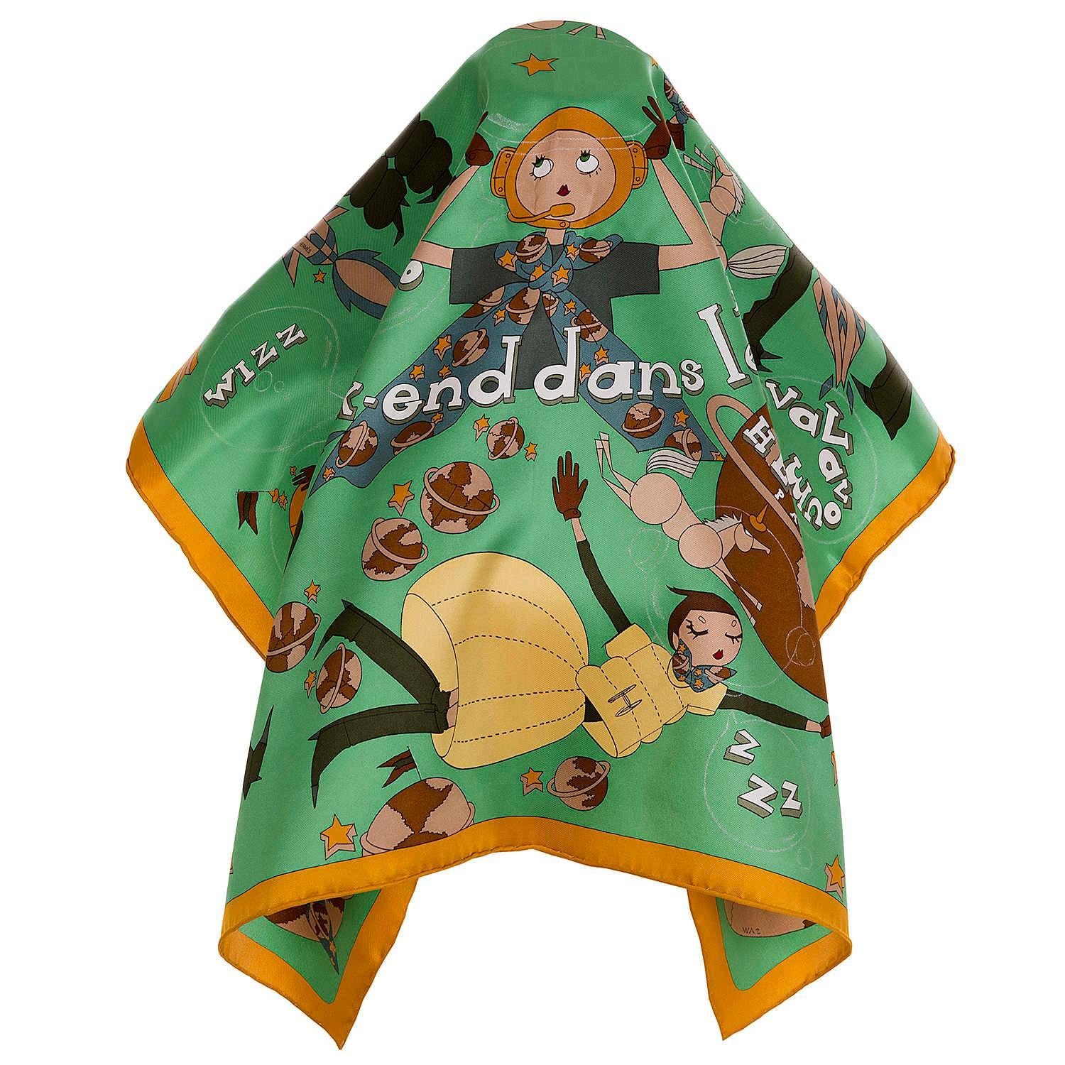 An unusual and rare Hermes silk scarf, 'Un week-end dans l'espace' by Hermes guest designer Saw Keng. The designer seems to have designed a scarf depicting a busy, fun weekend - depending, of course, on your point of view. The scarf is in absolutely