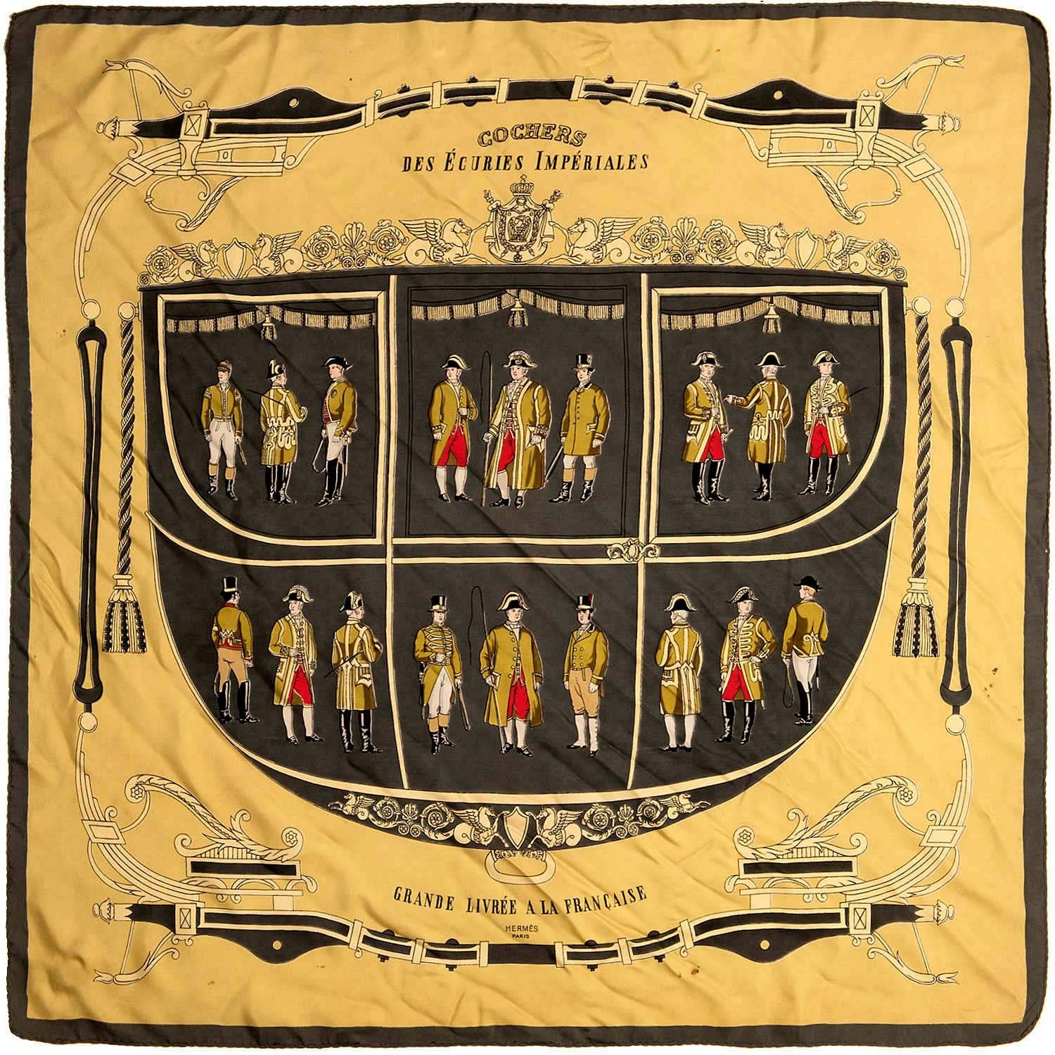 Over sixty years old, this extremely rare Hermes Silk Scarf is a real heritage piece. Designed by the legendary Hermes designer, Philippe Ledoux in 1954, the sumptuous colour way of a black border with a black gold ground complement the Regal
