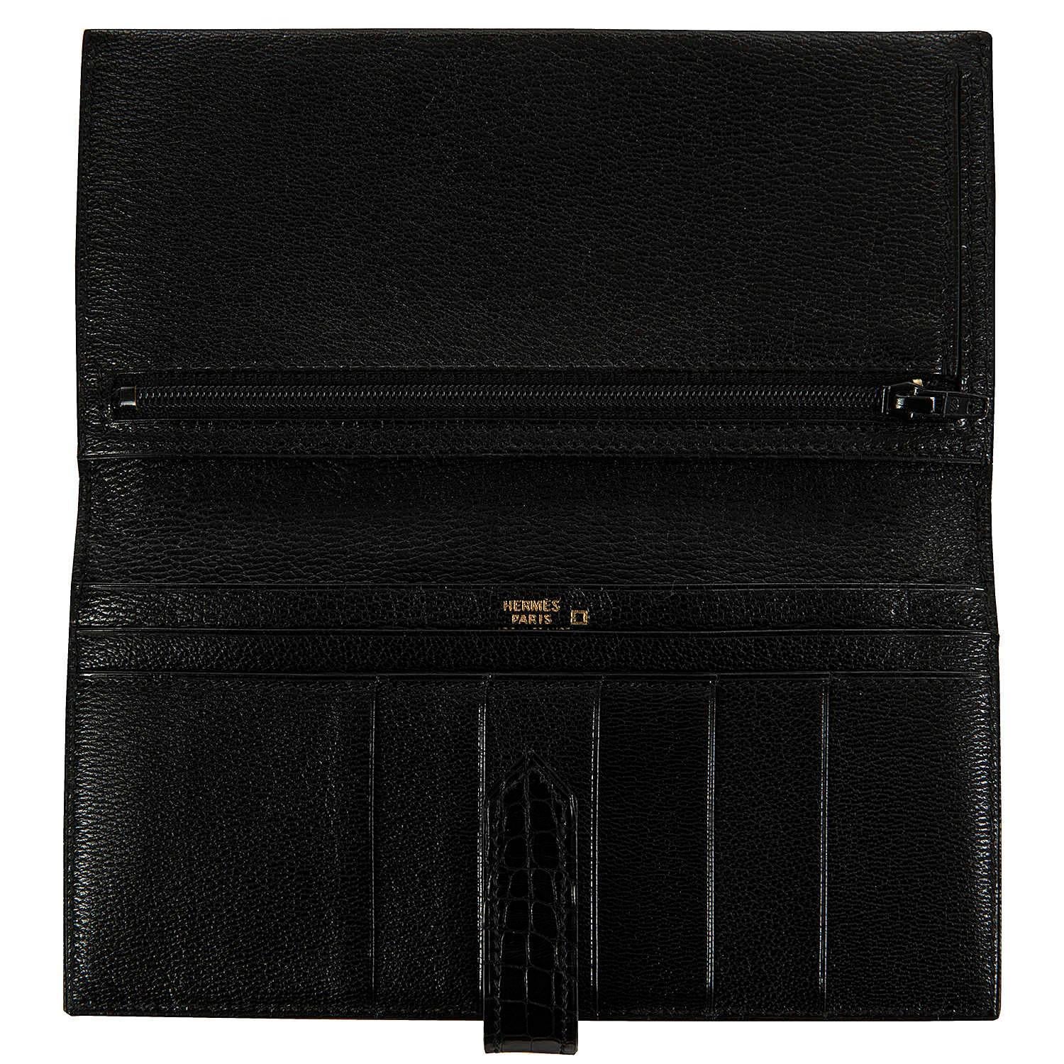Pristine & Very Rare Hermes Shiny Black Crocodile Alligator 'H' Bearn Wallet In New Condition For Sale In By Appointment Only, GB