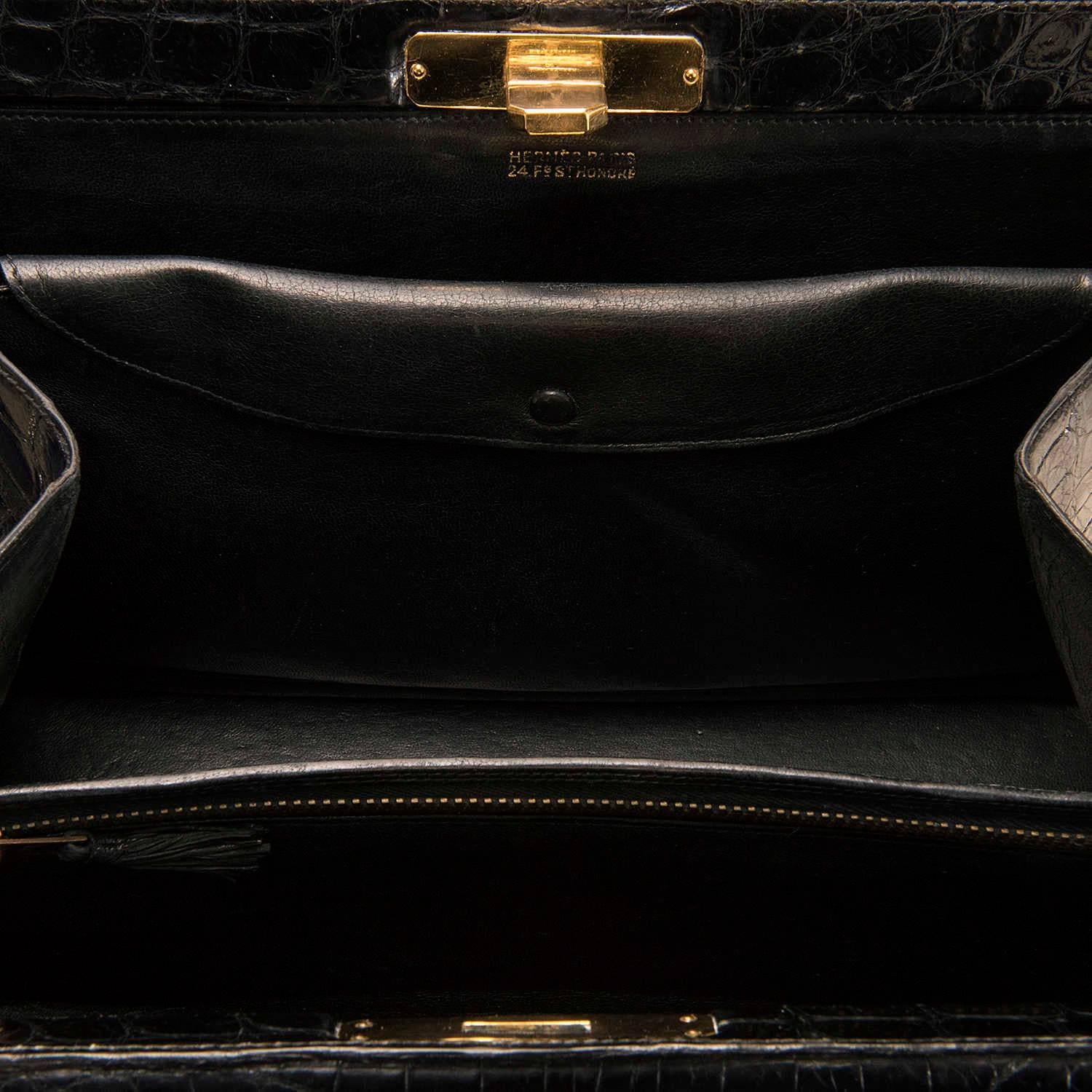 Very Rare Vintage Hermes 29cm Black 'Sac Metro' Shiny Crocodile Handbag 1