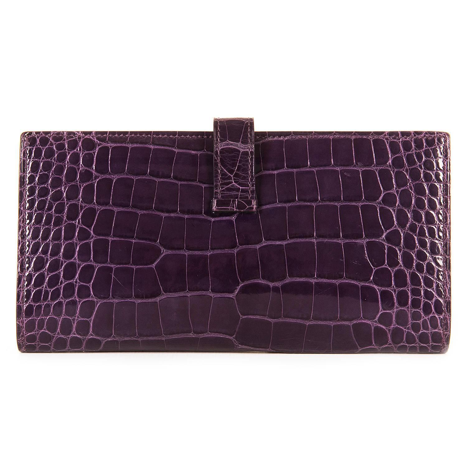 So So Rare Pristine Hermes 'Amethyst' Shiny Crocodile Alligator Bearn Wallet For Sale 1