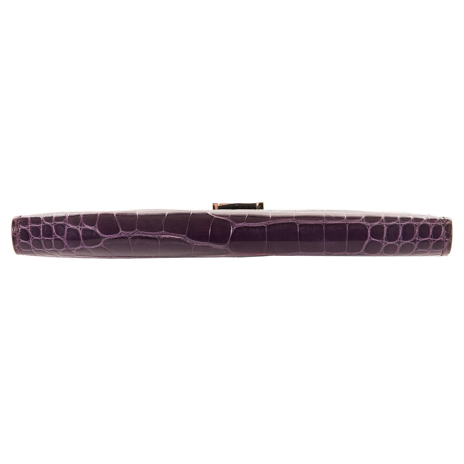 So So Rare Pristine Hermes 'Amethyst' Shiny Crocodile Alligator Bearn Wallet For Sale 2