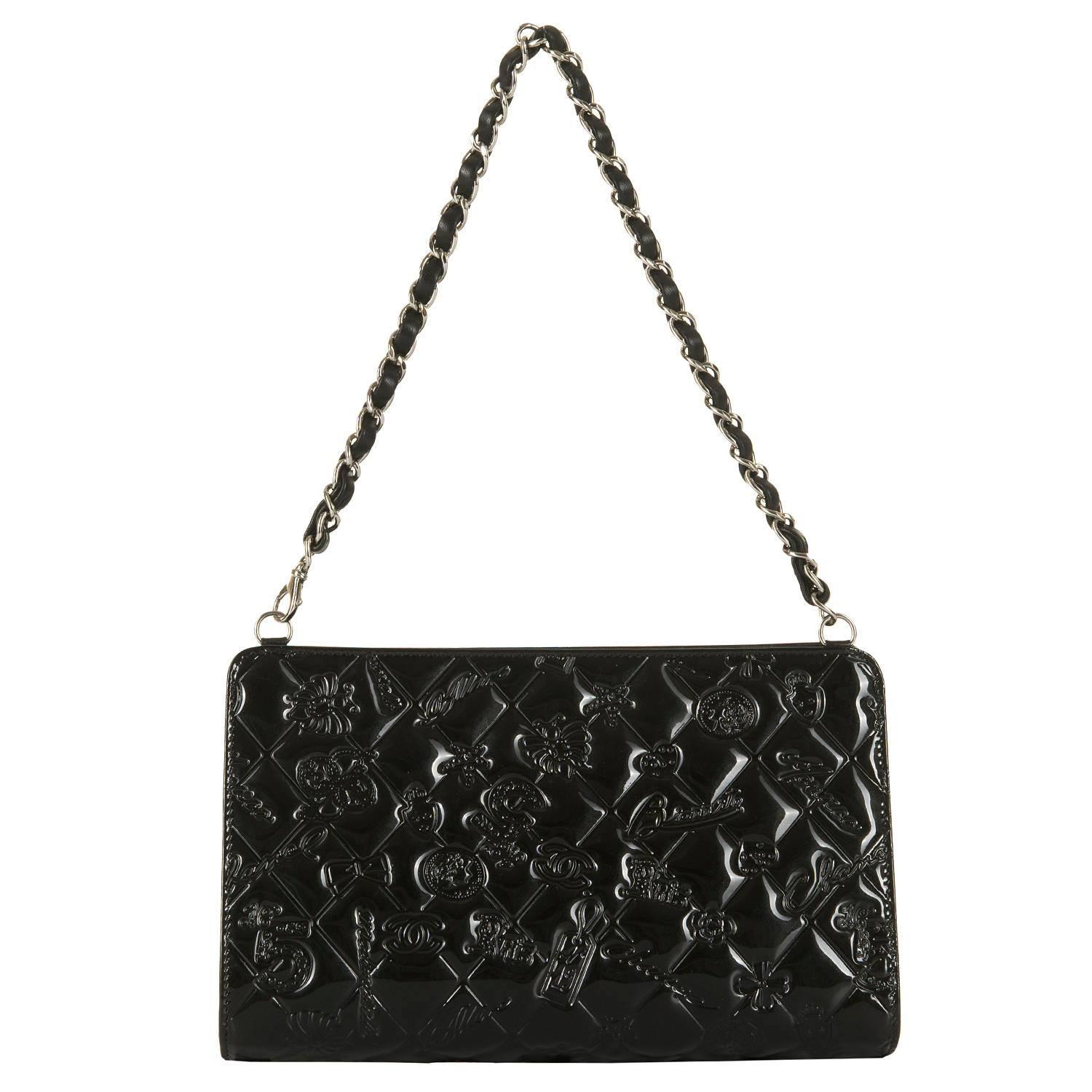 Pristine Chanel Black Patent Leather Lucky Charms Evening Bag - Silver Hardware For Sale 1