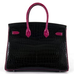 Very Rare Hermes HSS 35cm Shiny Black Crocodile Birkin Bag with Fuchsia Trim