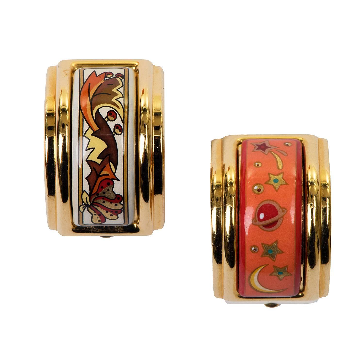An Exquisite Boxed Pair of Hermes Gold & Enamel Clip-on Earrings