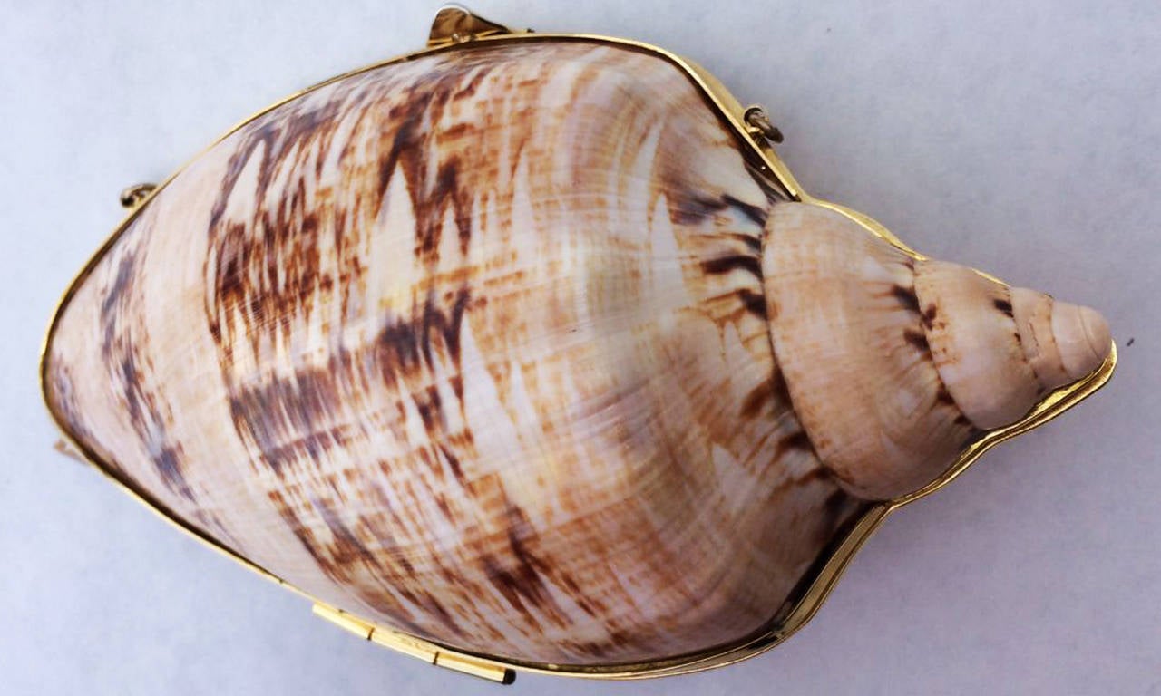 A fine and extremely rare Judith Leiber minaudiere evening handbag. Rarely seen authentic shell item outfitted with gilt metal frame and hidden 32