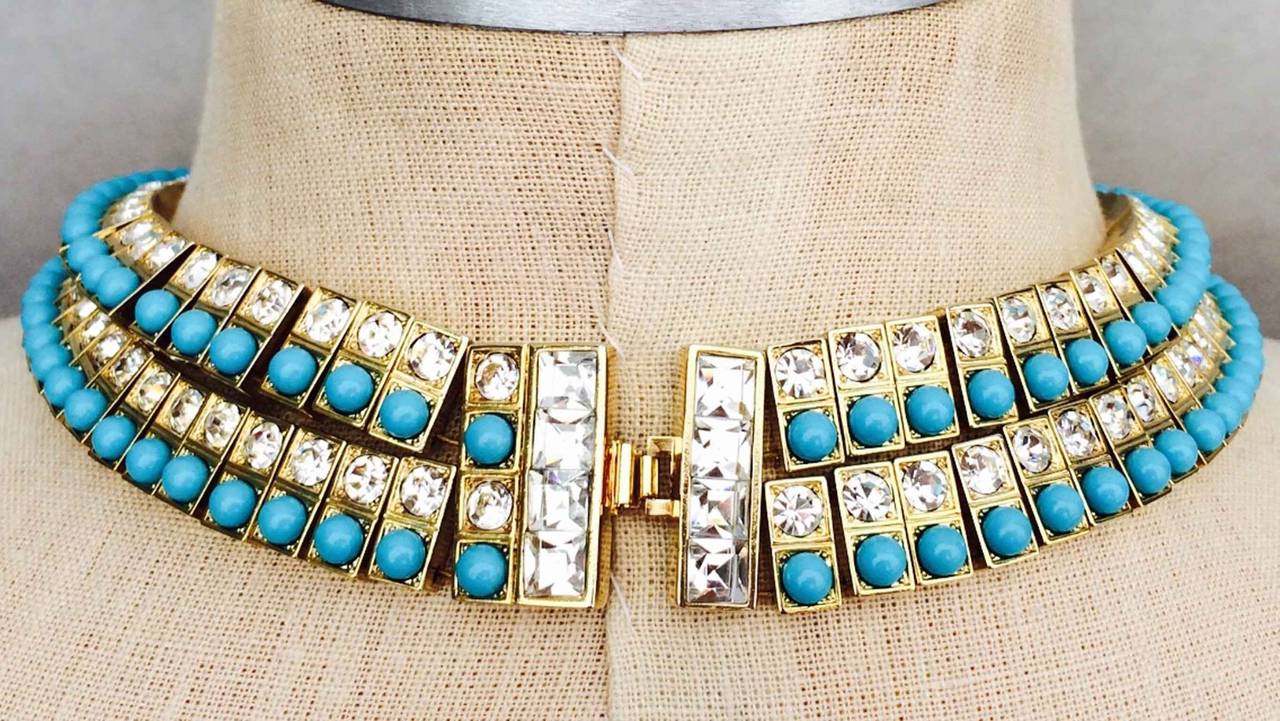A fine and rare vintage Tony Duquette gilt faux diamond and turquoise prototype collar necklace. Hand-constructed double strand gilt, crystal and plastic item features a hidden push clasp closure. Pristine non-produced prototype item originally