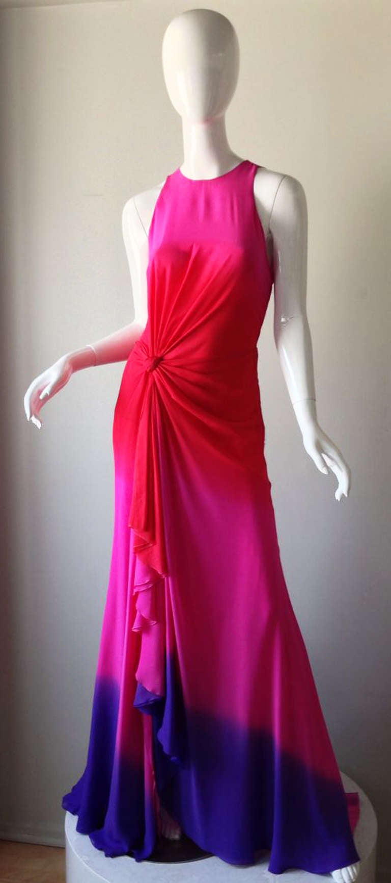 A gorgeous vintage Gianni Versace ombre silk gown. Exquisite royal purple to pink to red to pink dyed silk chiffon fabric (