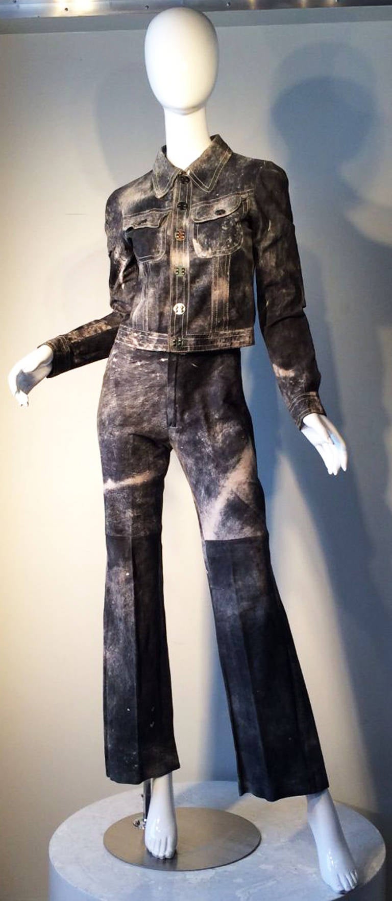 A fine and rare English Miura tie-dye suede leather 2pc. trouser suit. Very fine supple suede items features pieced panel construction, snap closures and contrasting stitching. Pristine.
