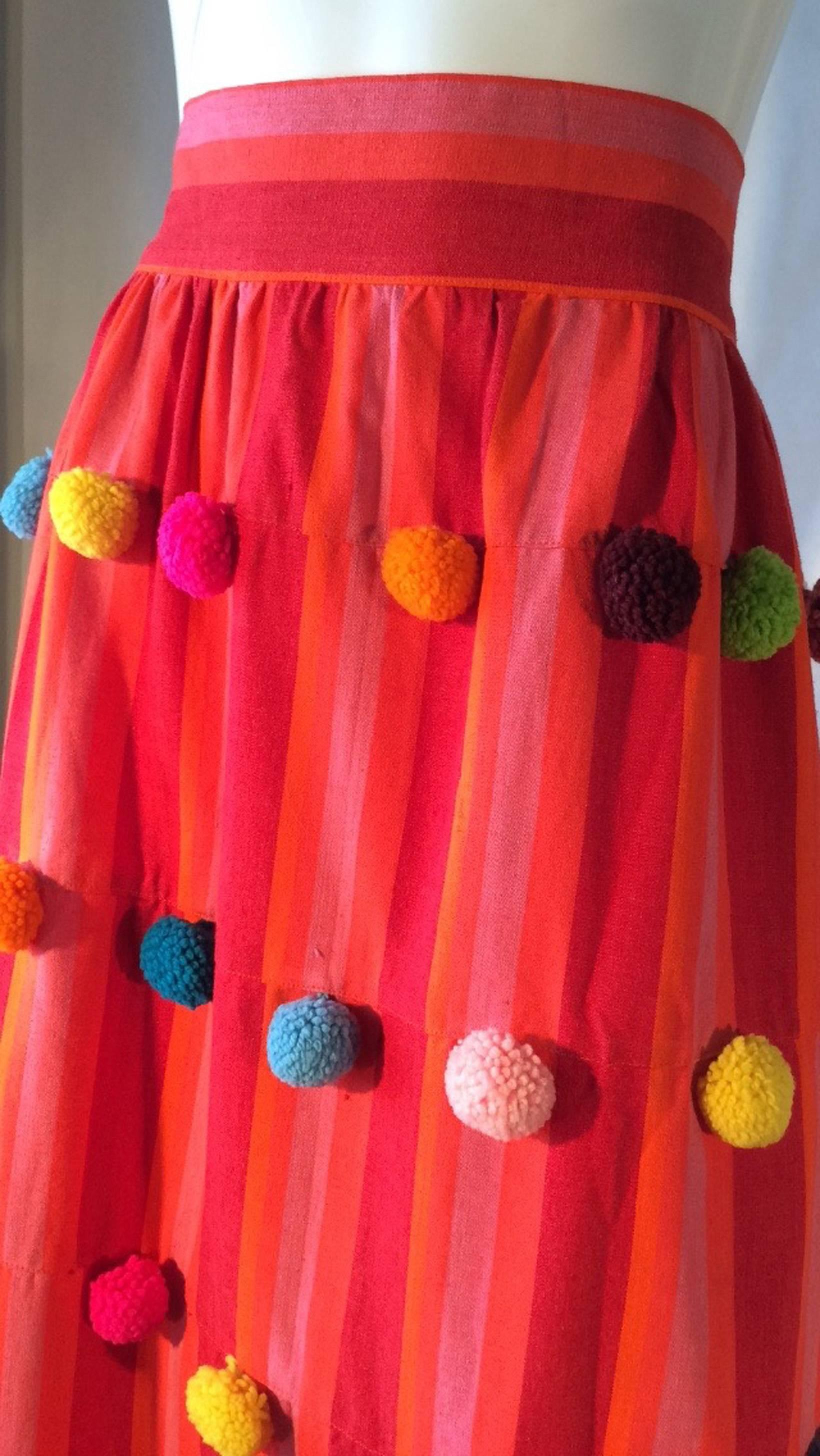 Mid-Century Mexico Pom Pom Trimmed Maxi Skirt ca.1970 In Excellent Condition For Sale In Phoenix, AZ