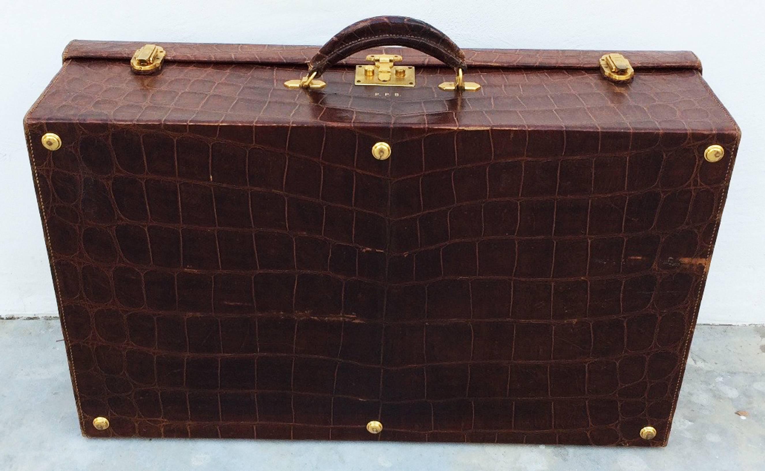 Black Rare Hermes Crocodile Suitcase, 1930s For Sale
