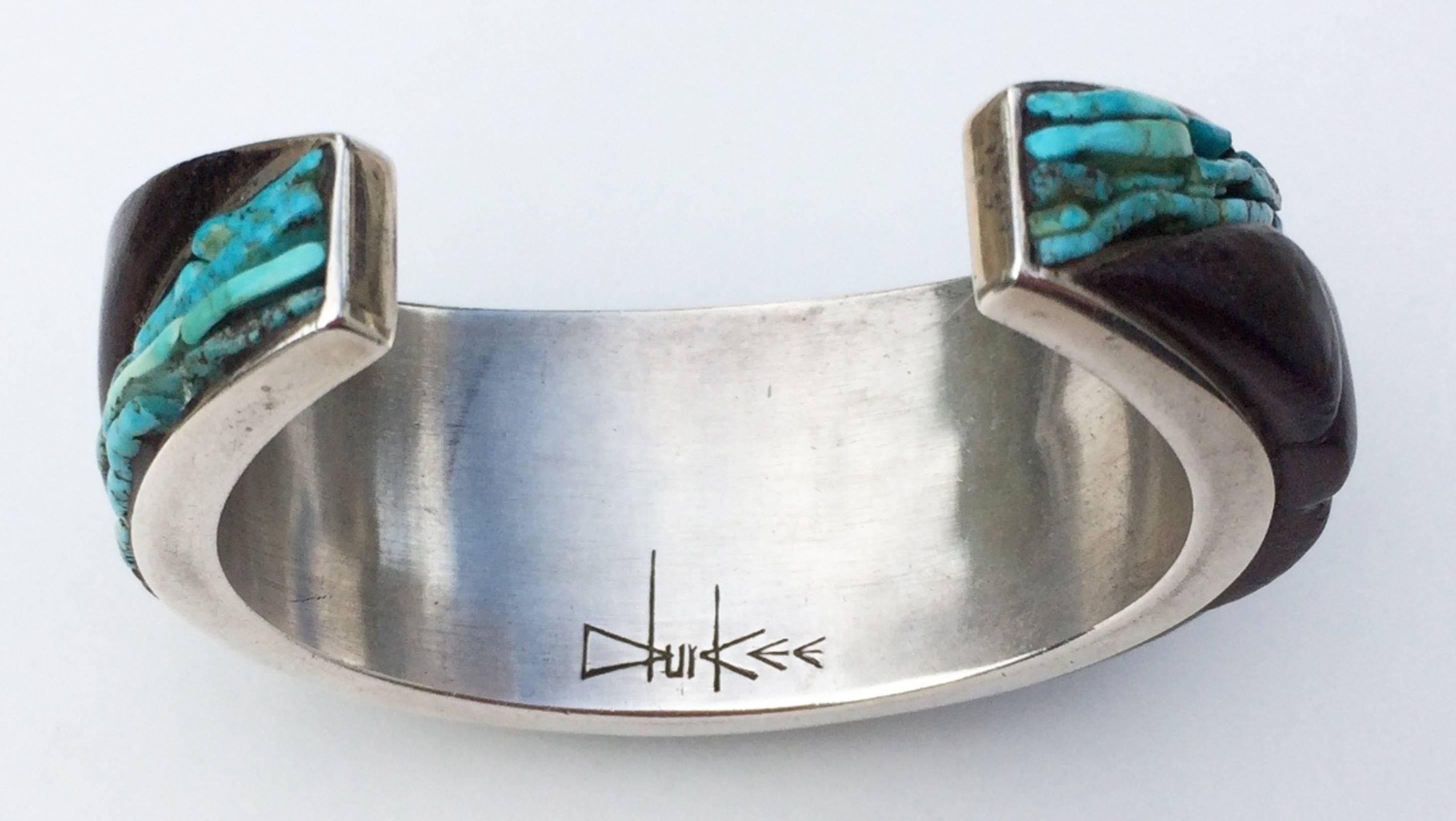 Native American Paul Durkee Turquoise Wood Sterling Cuff Bracelet 1970s