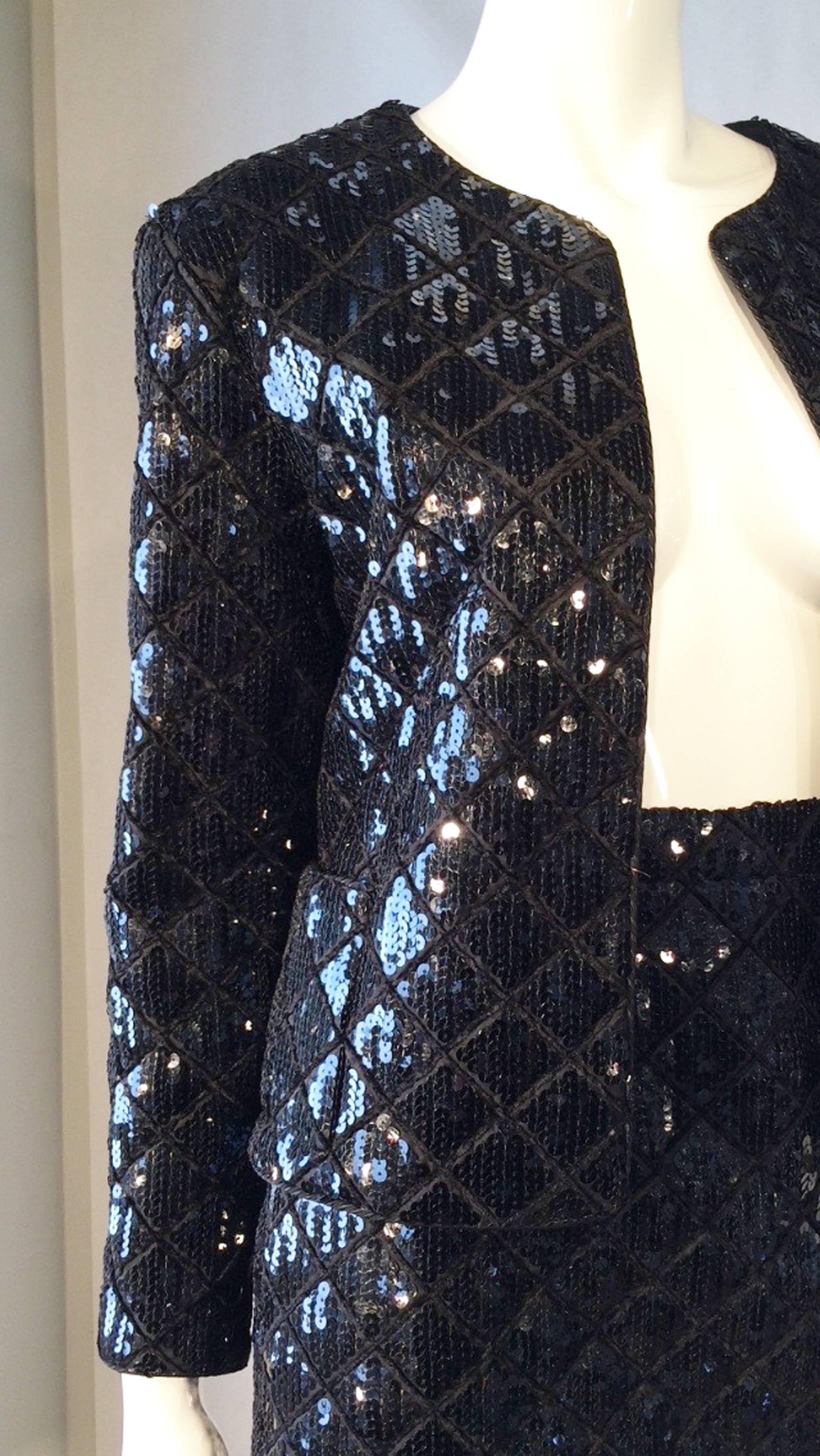 Women's Iconic Chanel Quilted Sequin Skirt Suit, 1980s For Sale