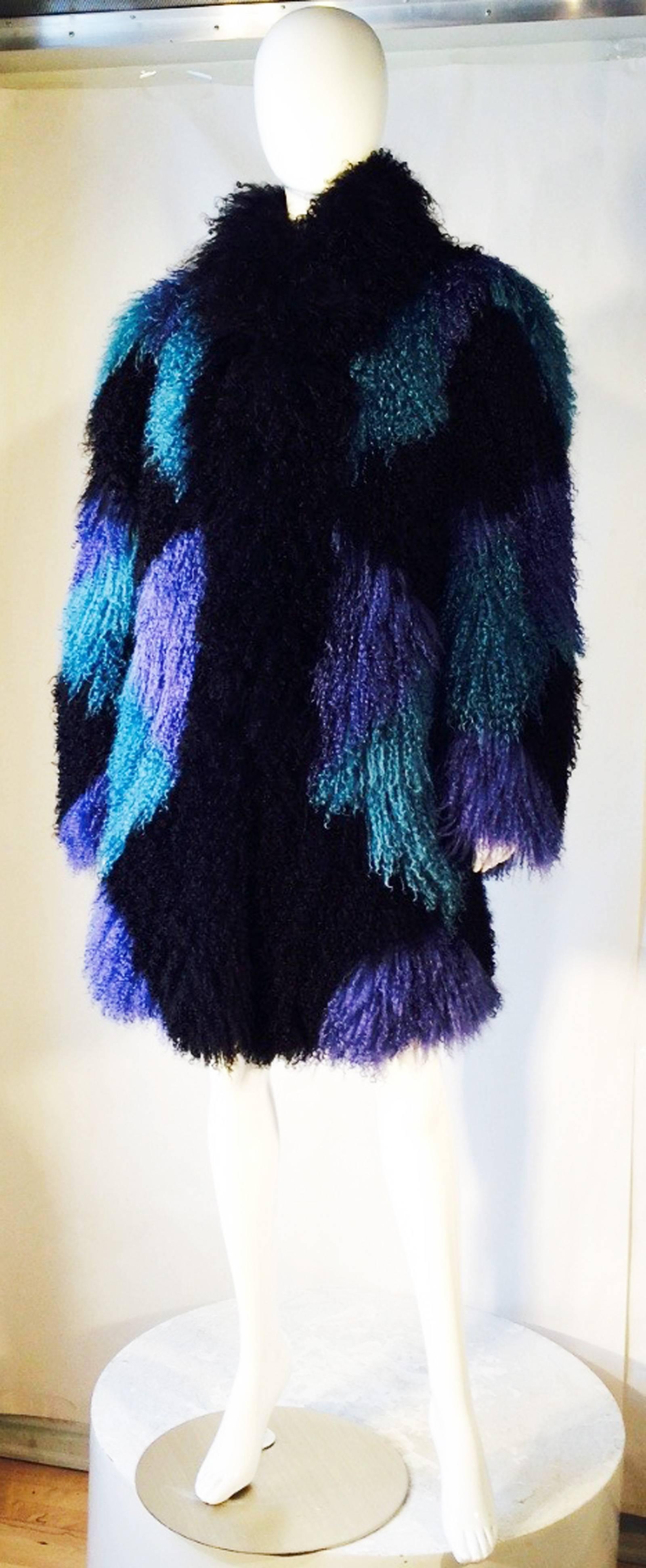 Black 1970s Color Blocked Mongolian Lamb Fur Coat For Sale