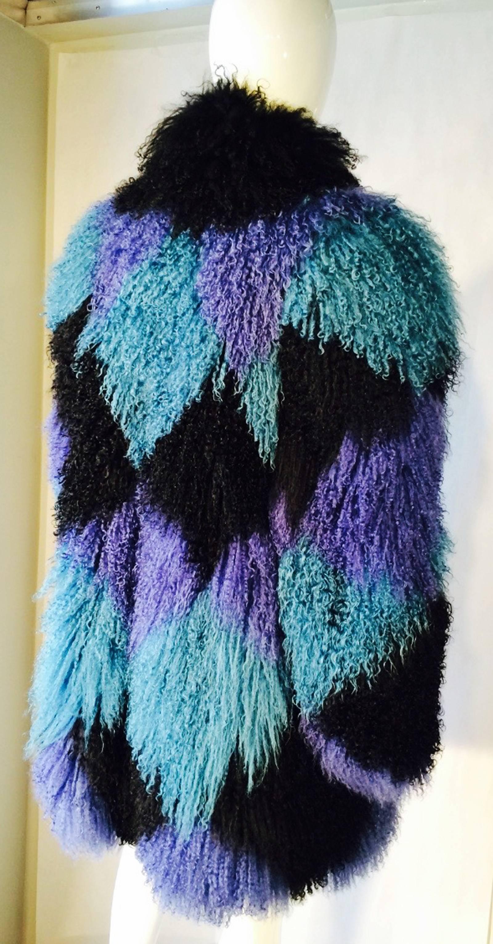 1970s Color Blocked Mongolian Lamb Fur Coat In New Condition For Sale In Phoenix, AZ