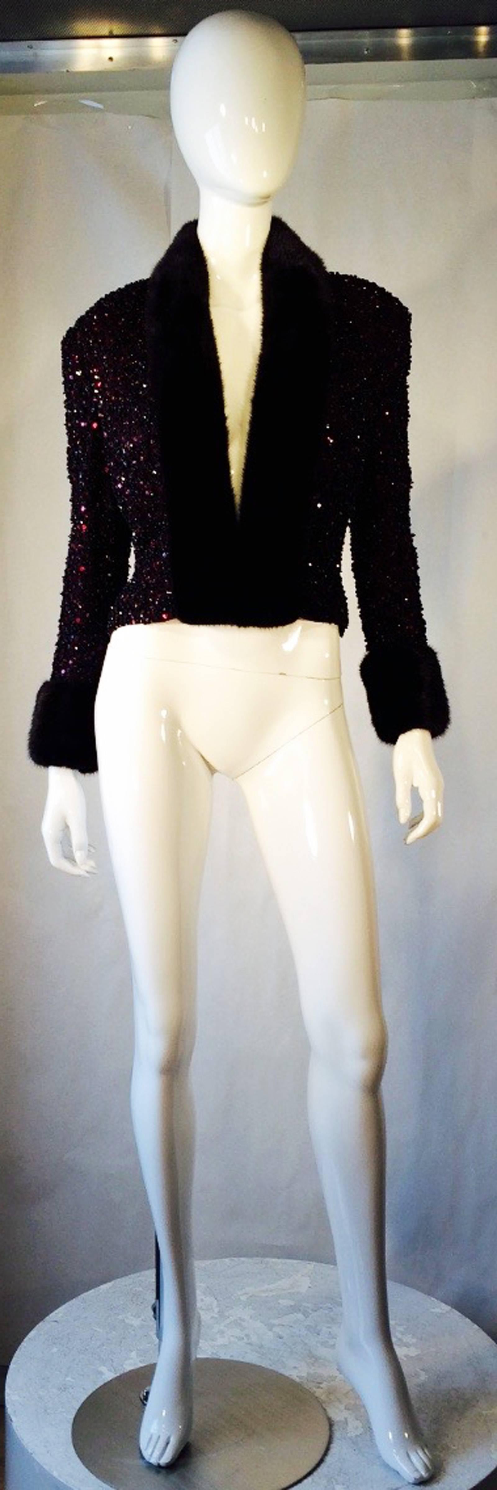 John Anthony Couture Mink Fur Trimmed Beaded Jacket 1980s In Excellent Condition In Phoenix, AZ
