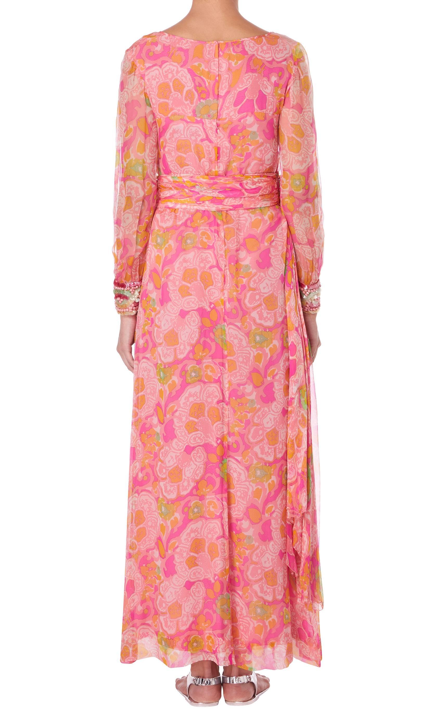 Pink Hardy Amies Couture pink silk chiffon dress, circa 1969 For Sale