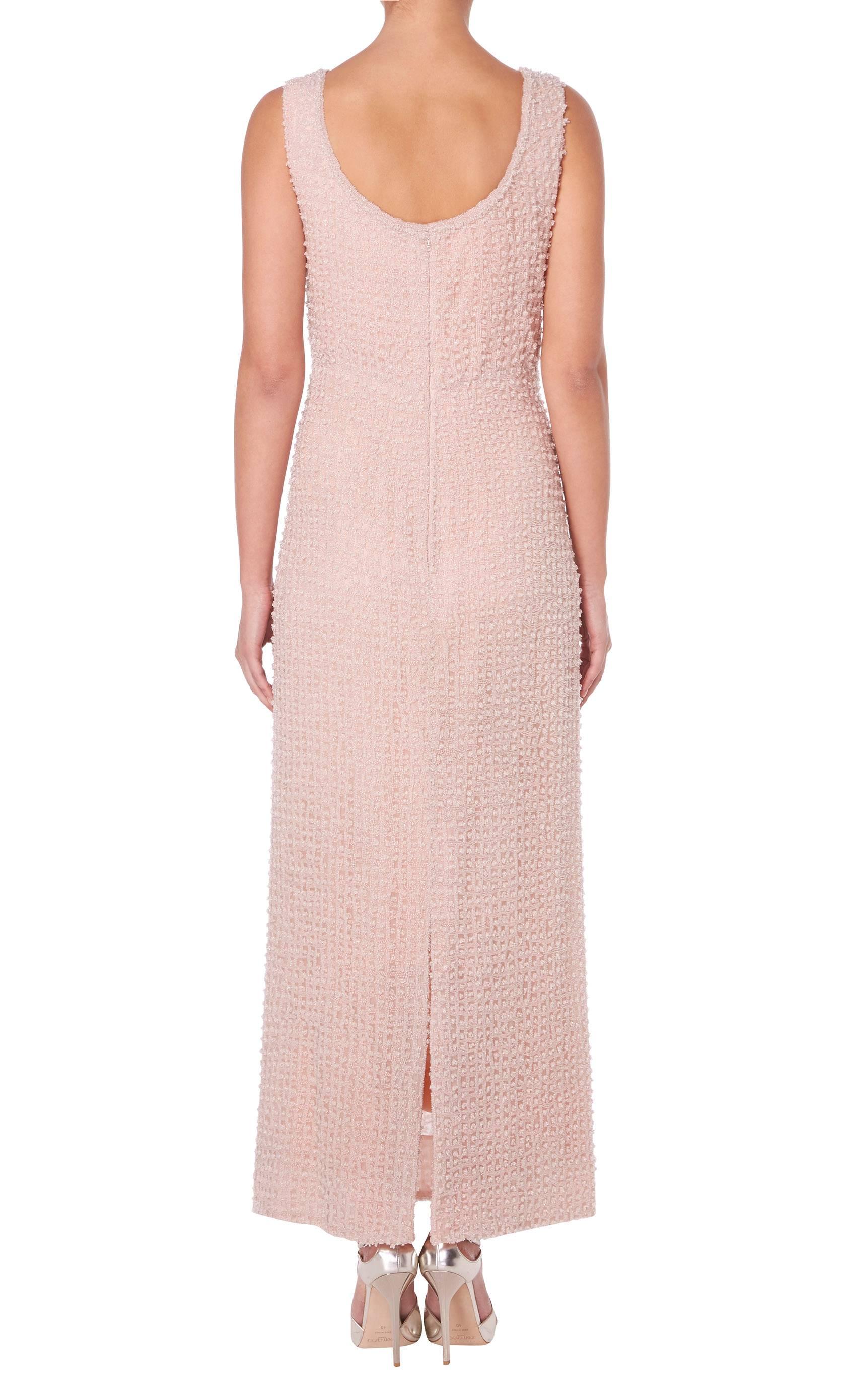 Beige Guy Laroche haute couture pink beaded dress, circa 1960 For Sale