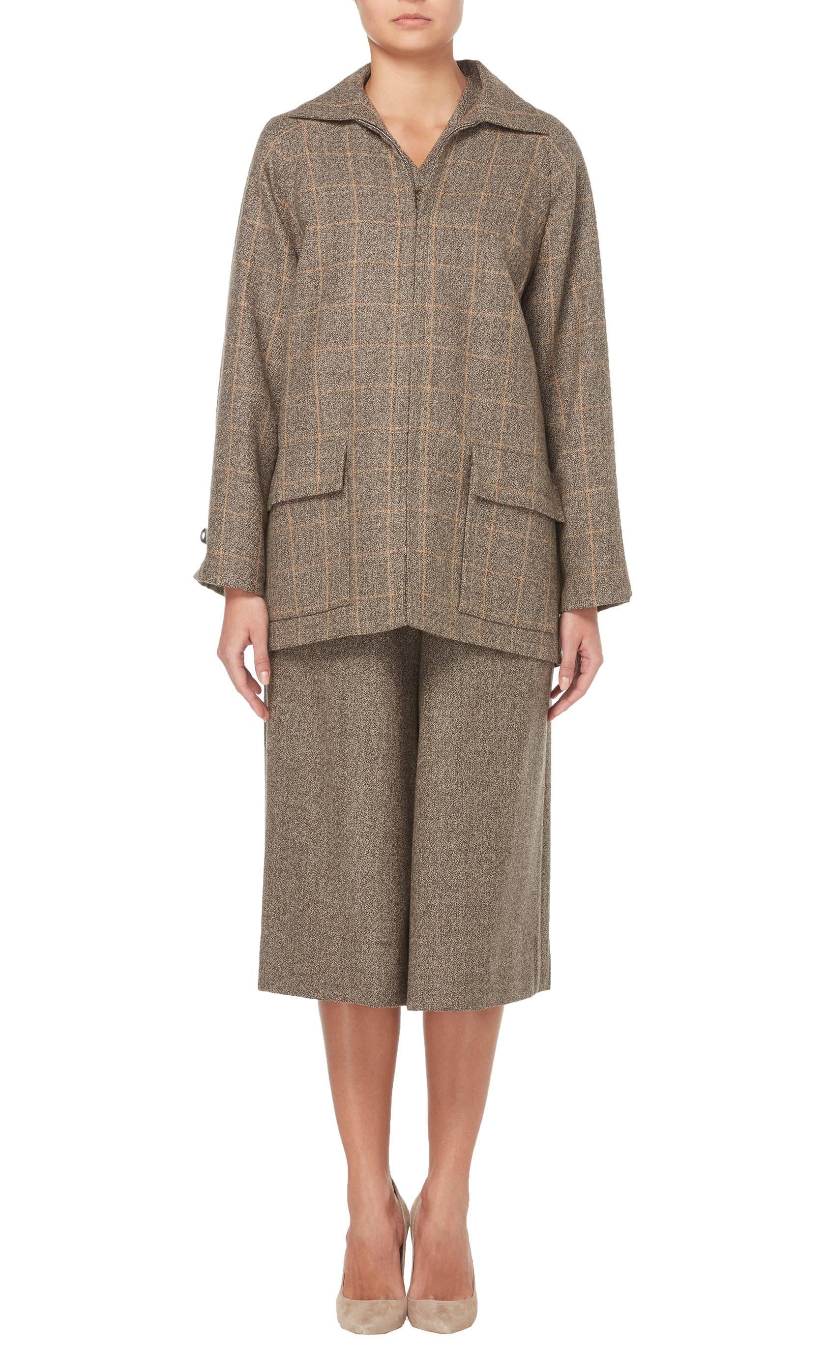 Gray Bill Blass brown tweed culotte suit, circa 1972 For Sale