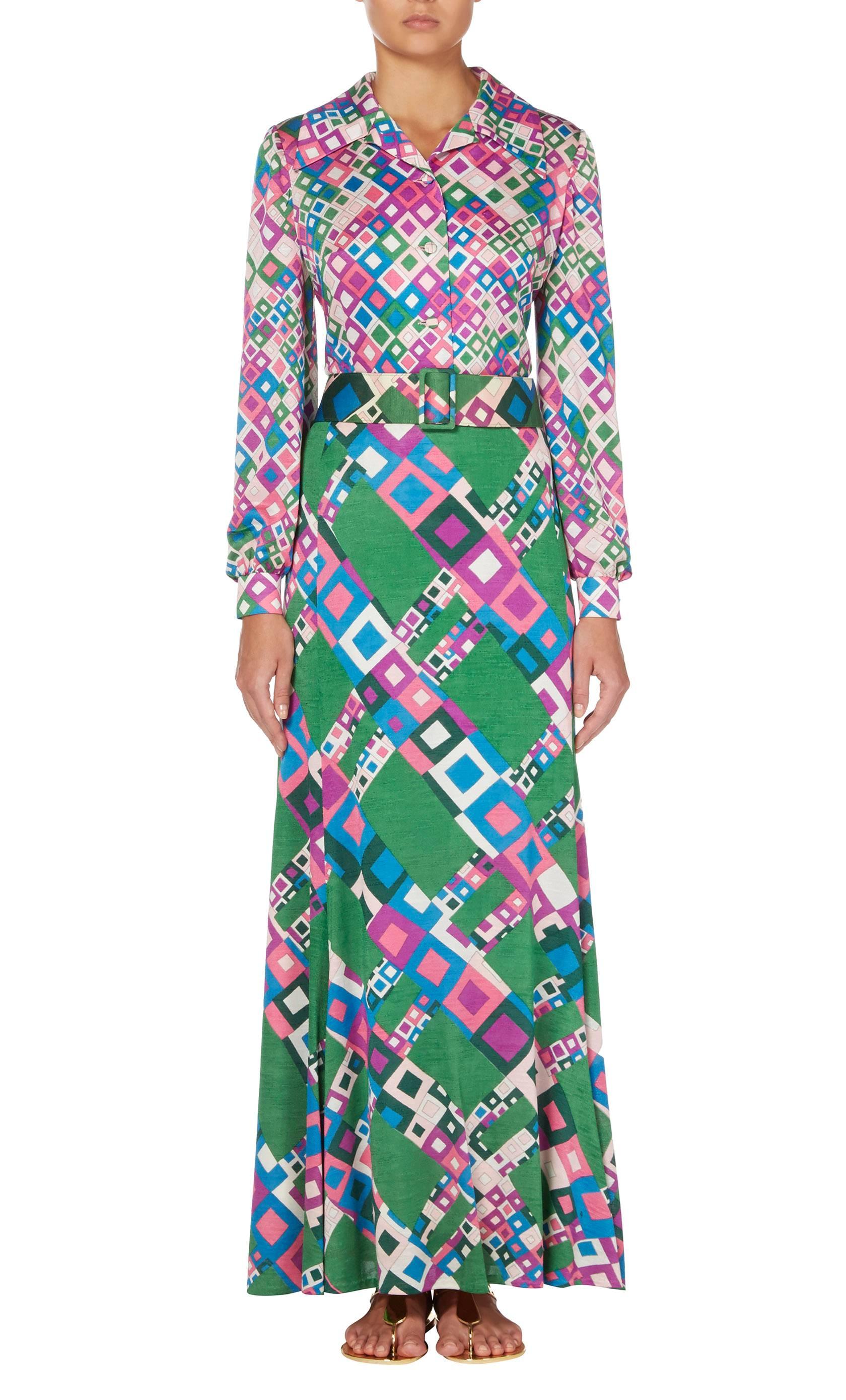 
This bright and colourful Arthème two piece ensemble is a fun way to wear print, and can be worn together or as separates. Made up of a shirt and maxi skirt, both pieces are constructed in raw silk and printed with a green, pink, blue, purple and