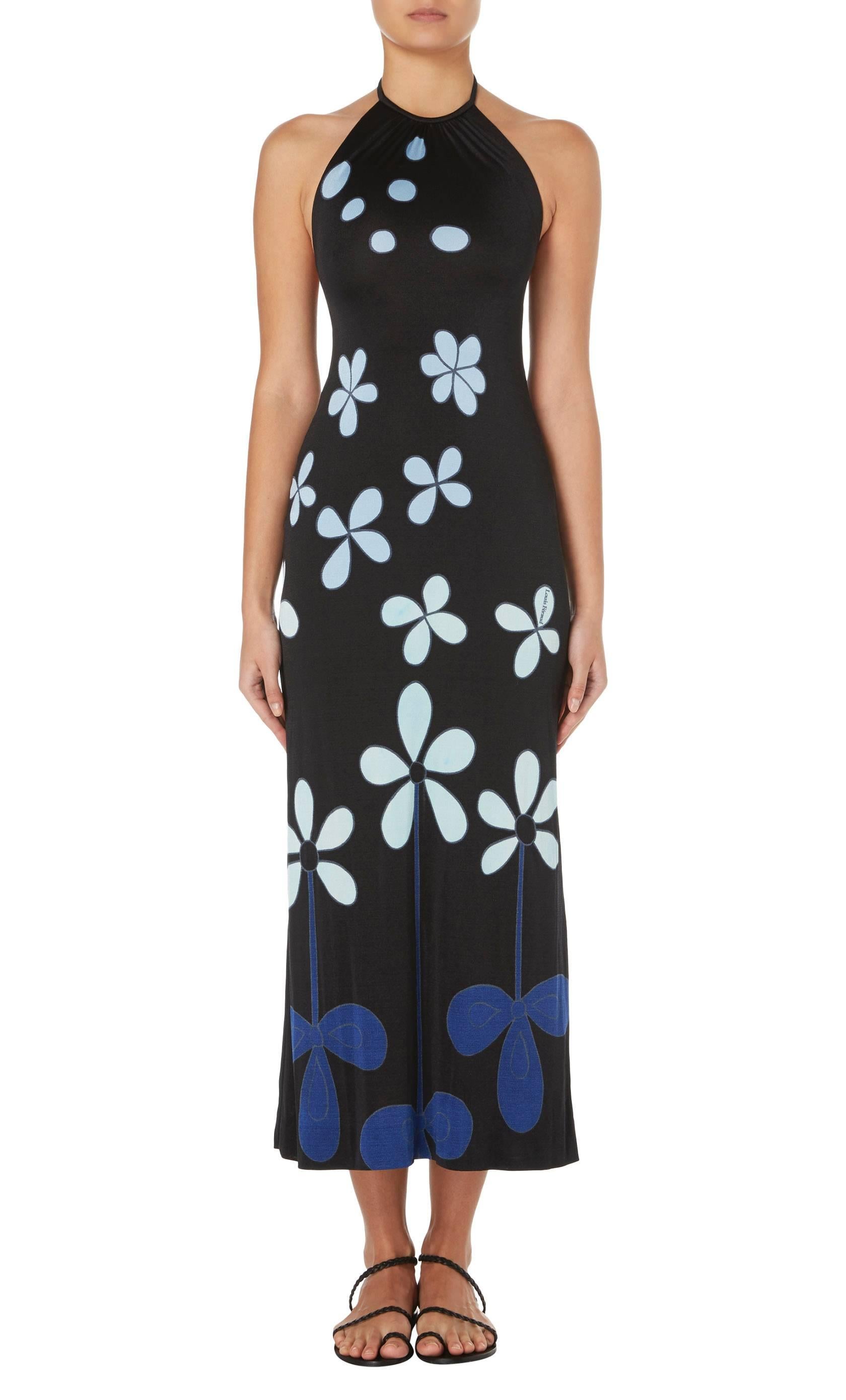 Ideal for hot summer days, this Louis Féraud halterneck dress is light and airy and will look fantastic worn on the beach or by the pool. Constructed in black manmade jersey and printed with overscale flowers in shades of blue, the dress has a low