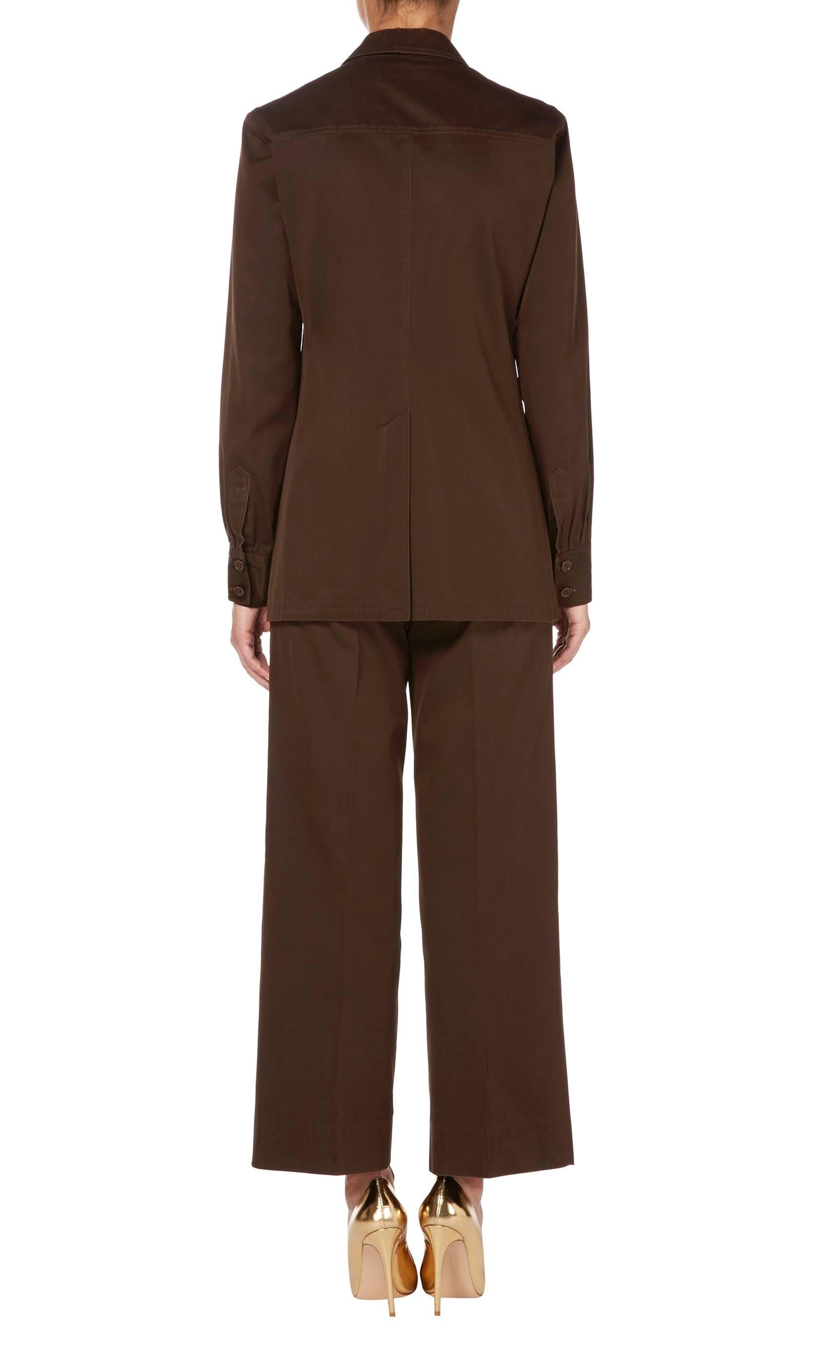 Black Yves Saint Laurent brown safari trouser suit, circa 1972 For Sale