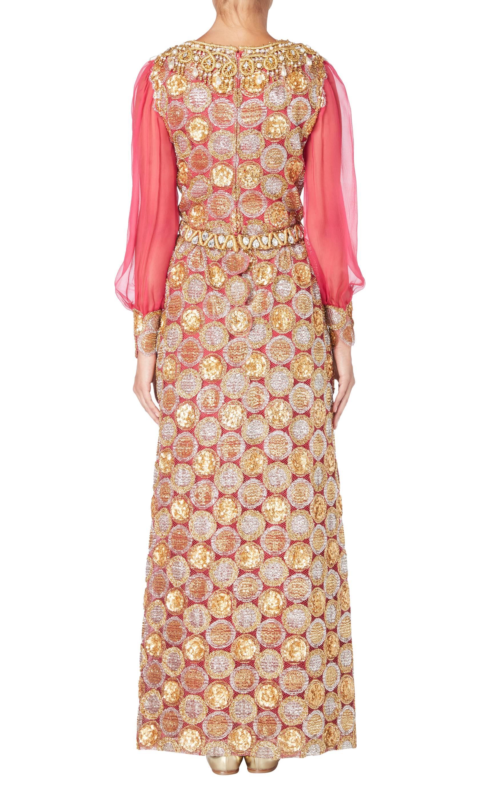 Beige Oscar de la Renta pink and gold dress, Circa 1968 For Sale