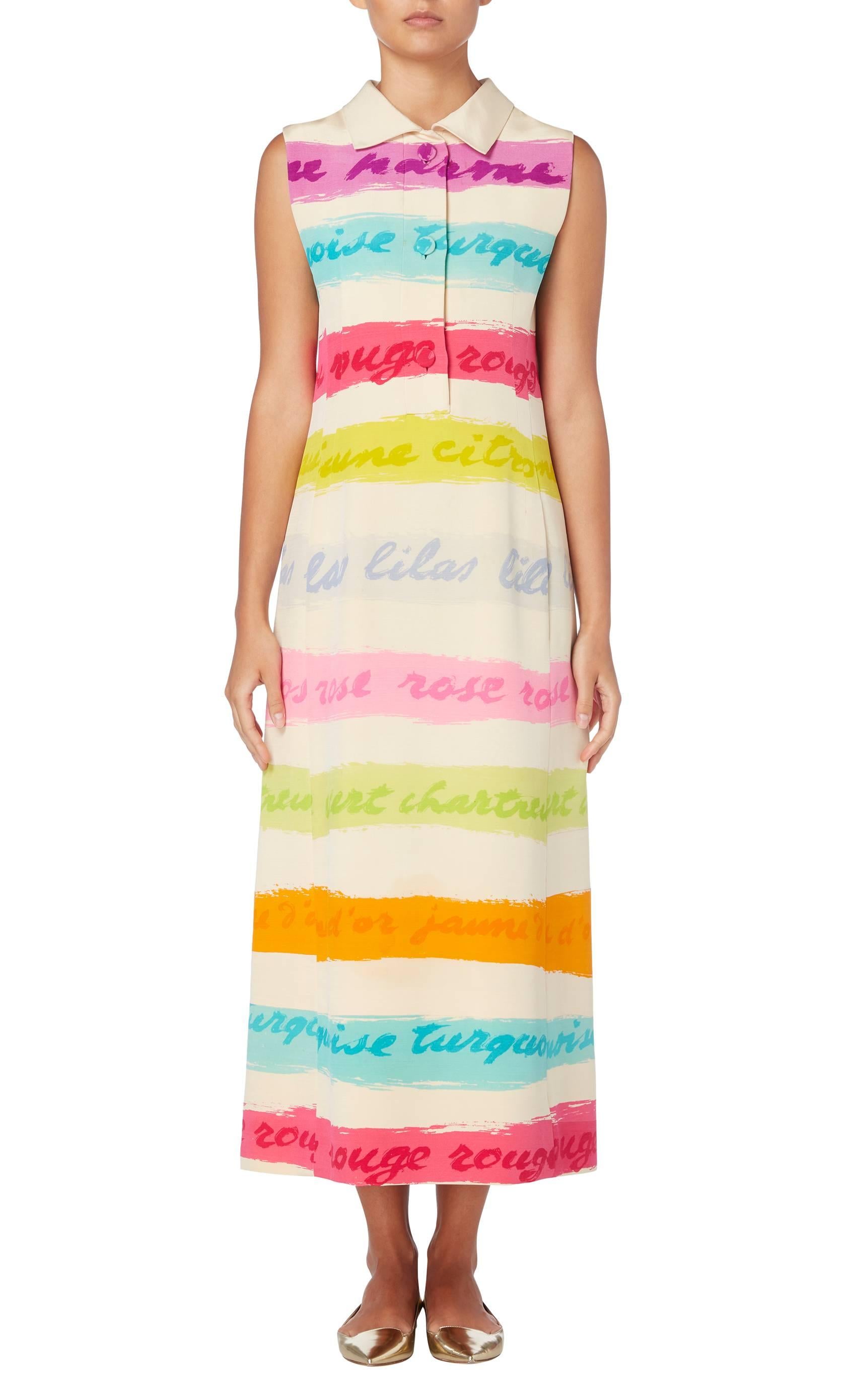 An incredibly contemporary piece of vintage haute couture, this Givenchy dress will inject a touch fun to a modern wardrobe. Constructed in ivory silk crepe, the sleeveless dress features colourful stripes with each of the colours written in French