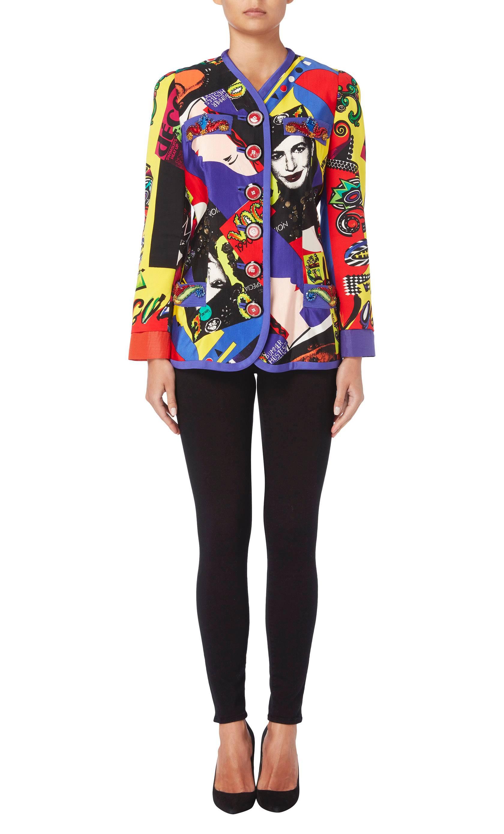 As seen on the Spring/Summer 1991 runway, the identical Gianni Versace jacket was modelled by on Stephanie Seymour and features the iconic ‘Vogue’ print from the collection. Constructed in multicoloured silk, the jacket has a v-neckline and slip