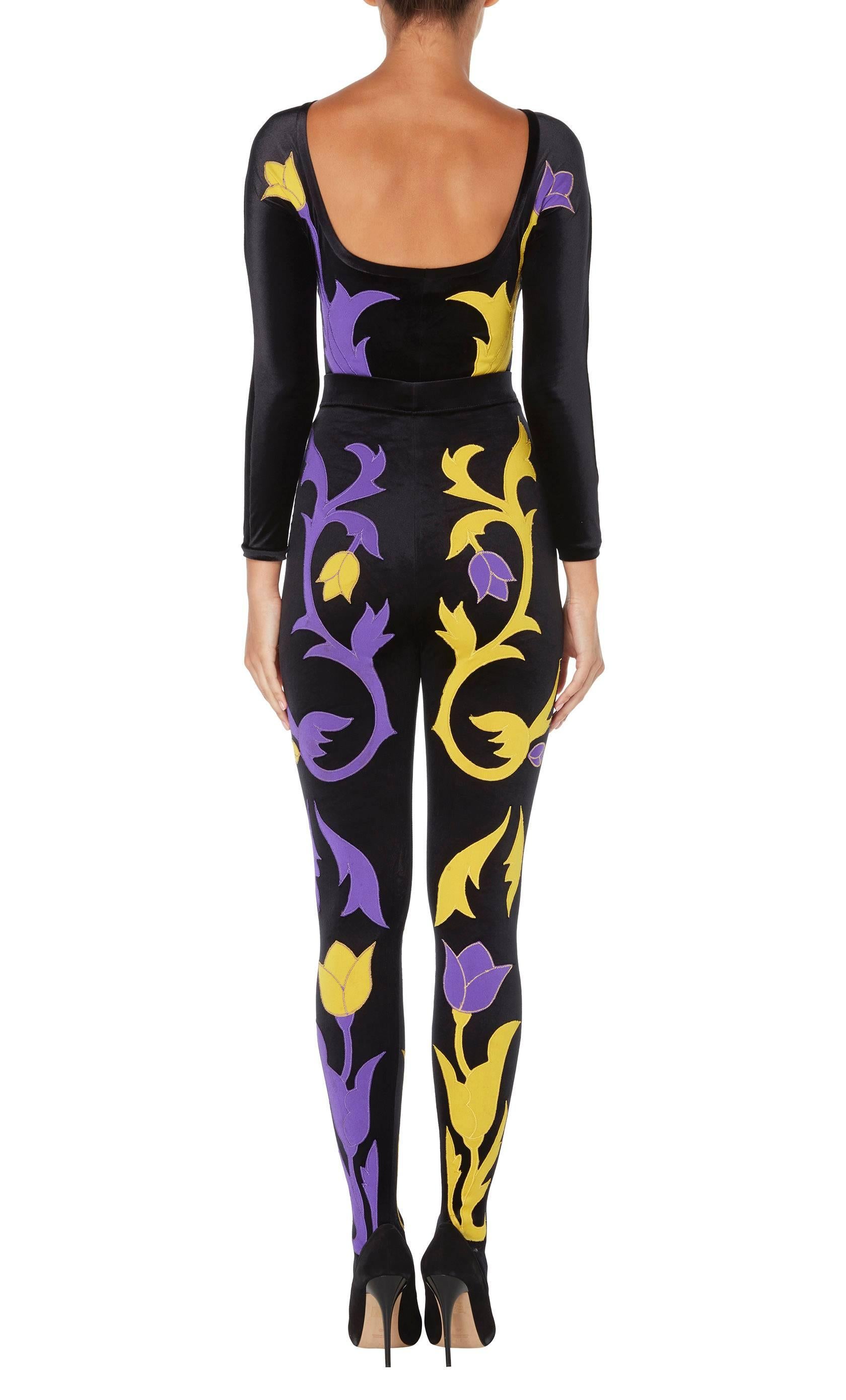 Versace Black, yellow & purple bodysuit & leggings, Autumn/Winter 1991 In Excellent Condition For Sale In London, GB