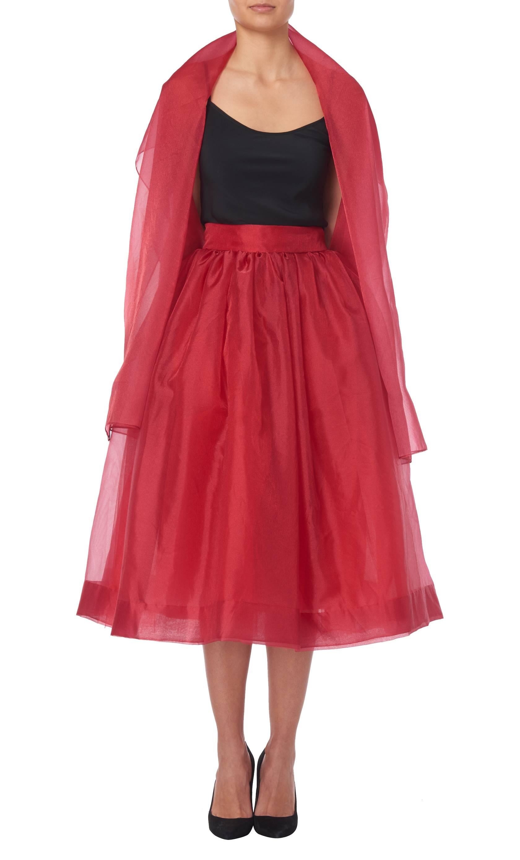 Women's Givenchy Red Organza Skirt with Matching Scarf Tie Belt, circa 1968 For Sale